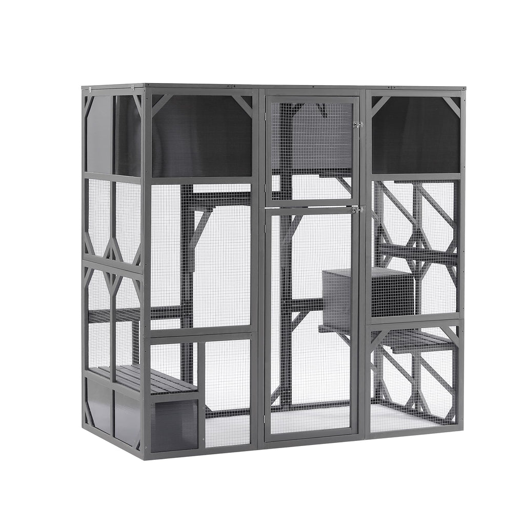 Ball & Cast Outdoor Wooden Cat House Catio Enclosure with Enter Door Kennel,Bouncy Bridge,Platforms and Small Houses,Waterproof,for Walk-in Kitty Kennel,Dark Grey