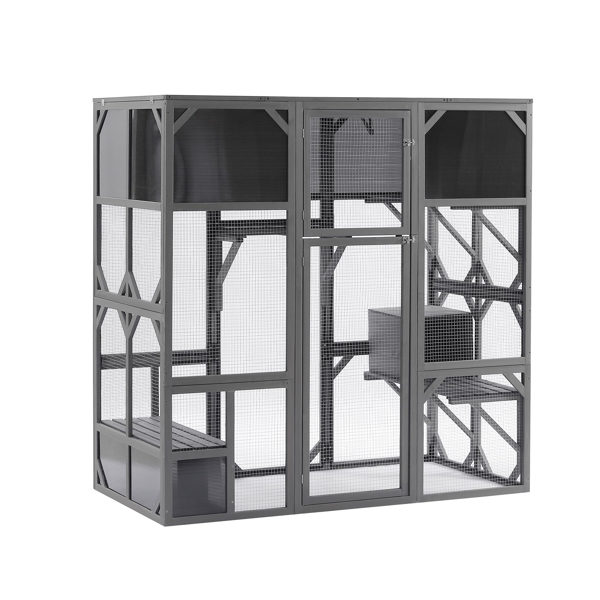 Ball & Cast Outdoor Wooden Cat House Catio Enclosure with Enter Door Kennel,Bouncy Bridge,Platforms and Small Houses,Waterproof,for Walk-in Kitty Kennel,Dark Grey