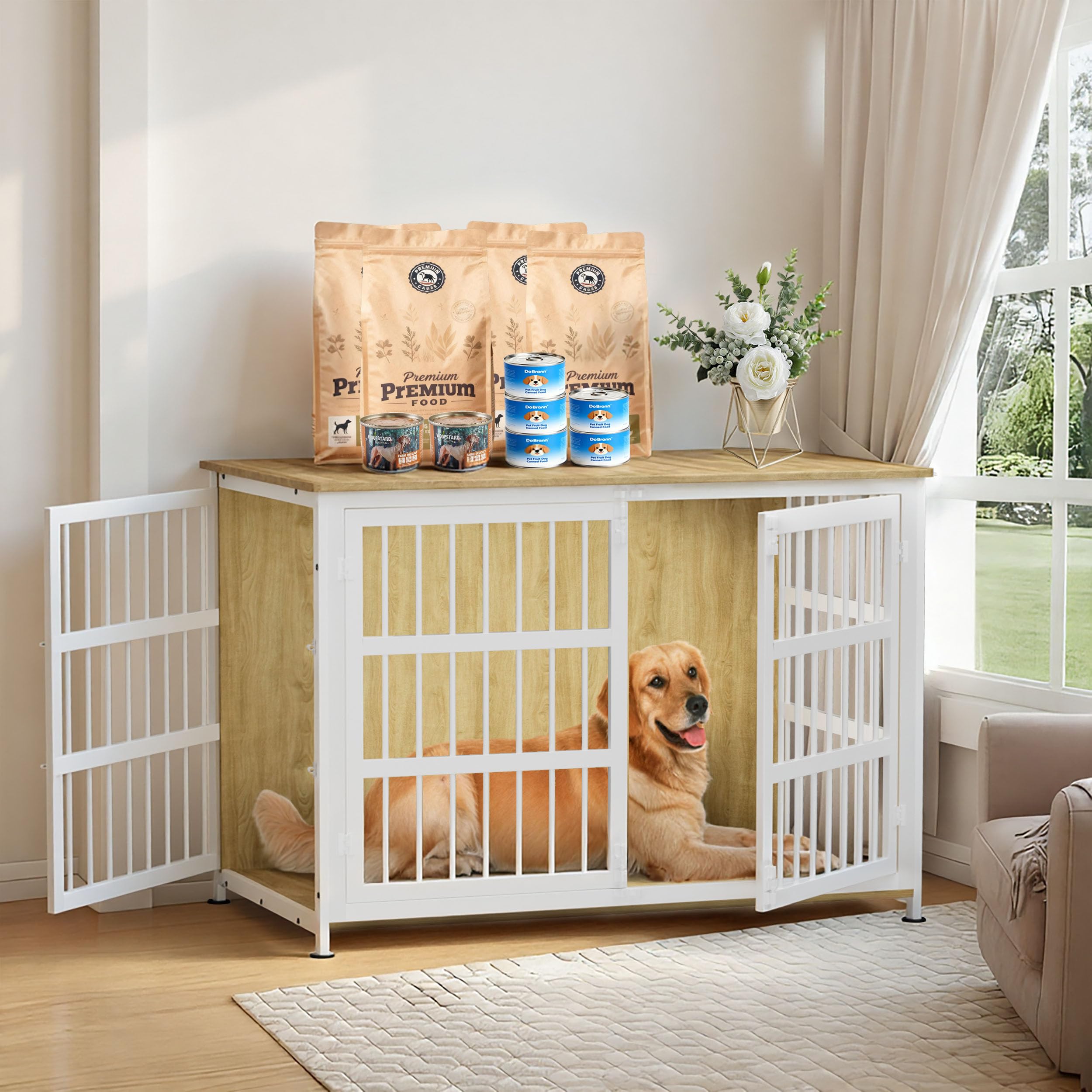 CABZOON 46'' Dog Crate Furniture Large Breed Dog Crate Dog Kennels for Inside Wooden Dog Crates End Table Heavy Duty Indoor Combination Cage for Medium to Large Dogs Oak