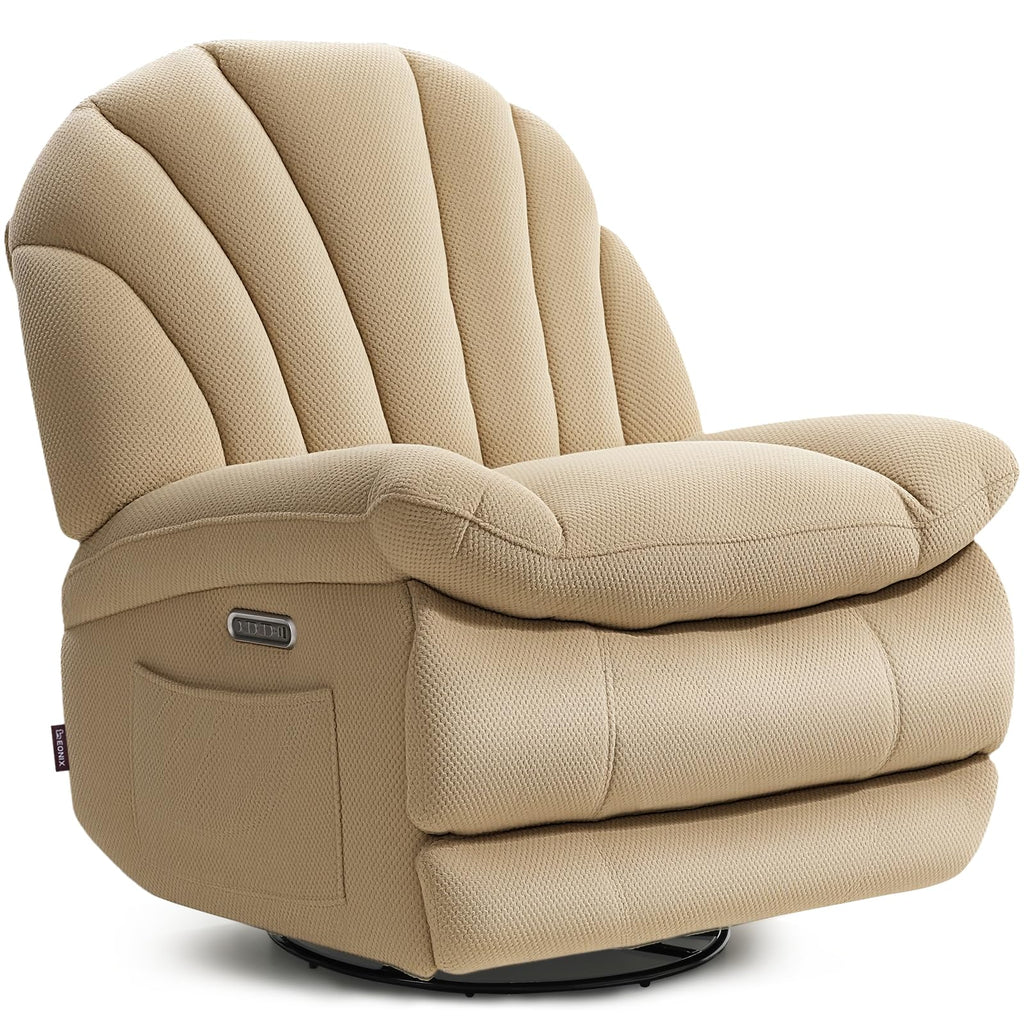 EONIX Dual Motor Power Swivel Rocking Recliner Chair for Living Room, Armless Oversized Shell Shape Lazy Boy Rocker Recliner, Plush Fabric Thickened Cushion, Elevated Soft and Comfort, Beige