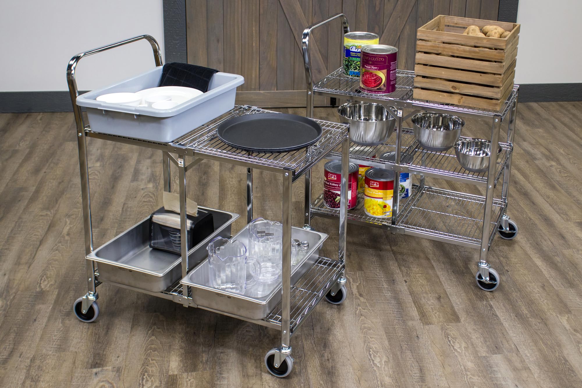 Luxor WSCC-3 Three-Shelf Collapsible Wire Utility Cart, Push Heavy Duty, 4" Thermoplastic Rubber Casters Two with Locking Brakes,Holds 300 lbs. and Folds Up for Storage, 37"W x 18.25"D x 30.5"H