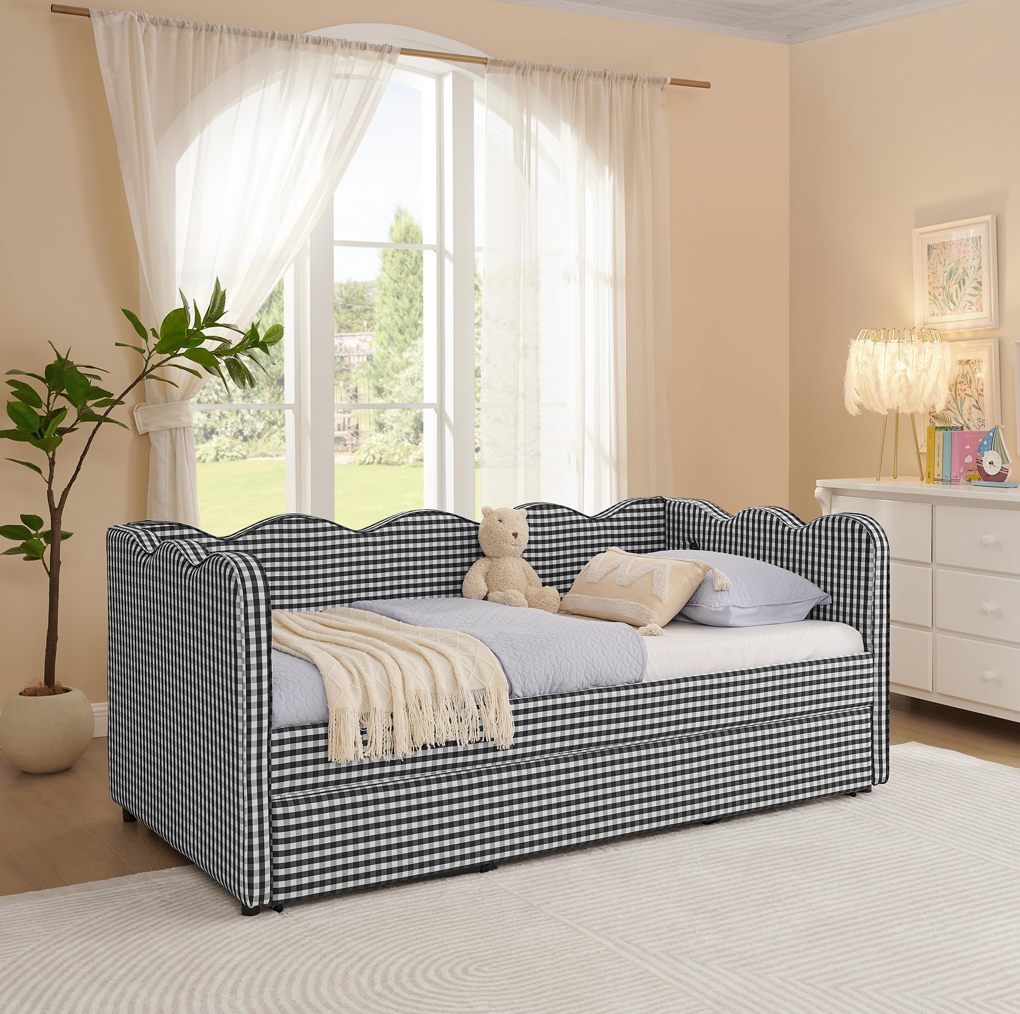 PVWIIK Twin Size Upholstered DayBed with Trundle and USB for Adult,Kids,Bedroom,BedFrame w/Linen Adorable Wave Shaped, Black