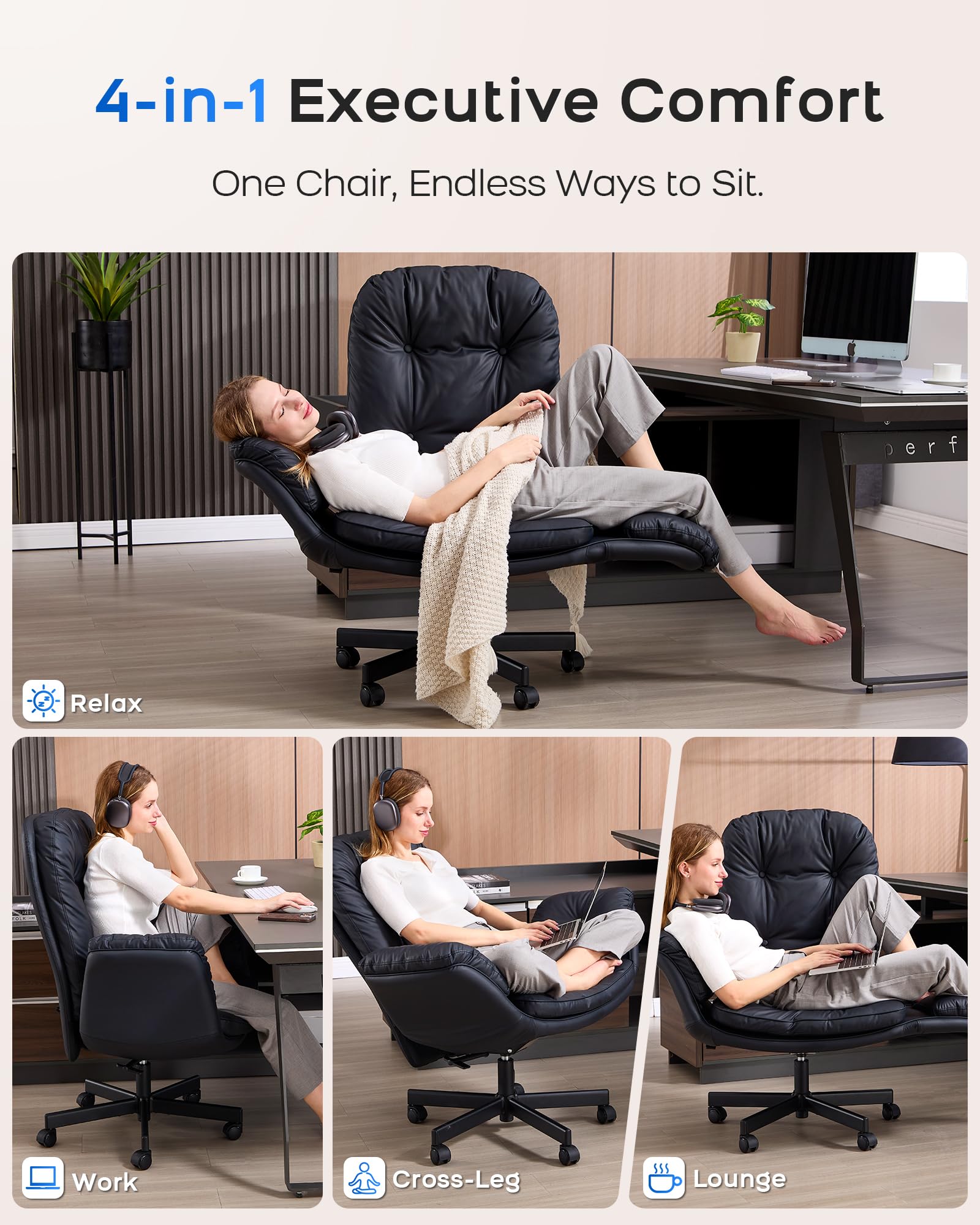 LukkDys Executive Office Chair, Big & Tall 400 lbs Capacity, Wide Seat, PU Leather, 5-Gear Lay-Flat Armrests (90°–180°) for Cross-Legged Comfort, 90–115° Recline, High Back Desk Chair, Black
