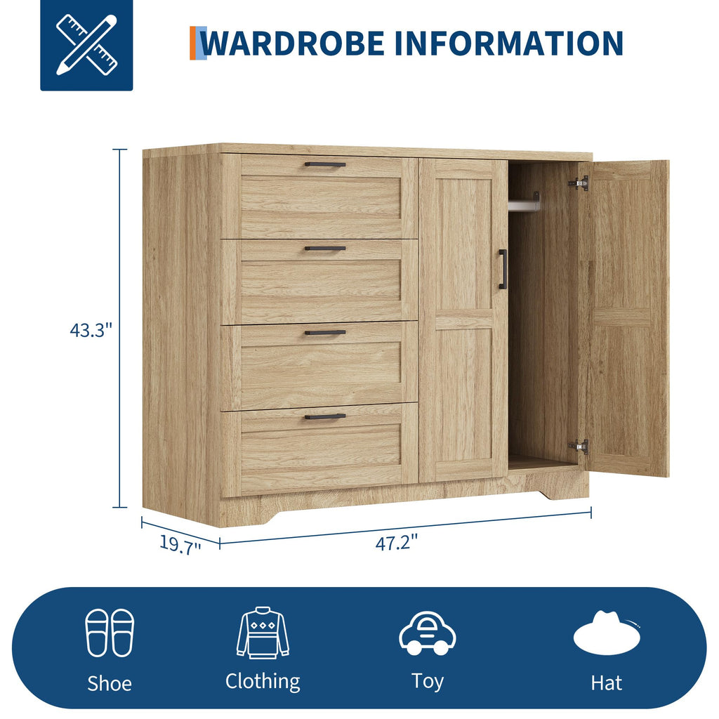 GarveeHome Multifunctional Wooden Dresser for Bedroom, 43.3 in H 2 Door Wardrobe Armoire Closet with 4 Drawers and Hanging Rod, Low Storage Cabinet for Hanging Cloth, Natural Oak