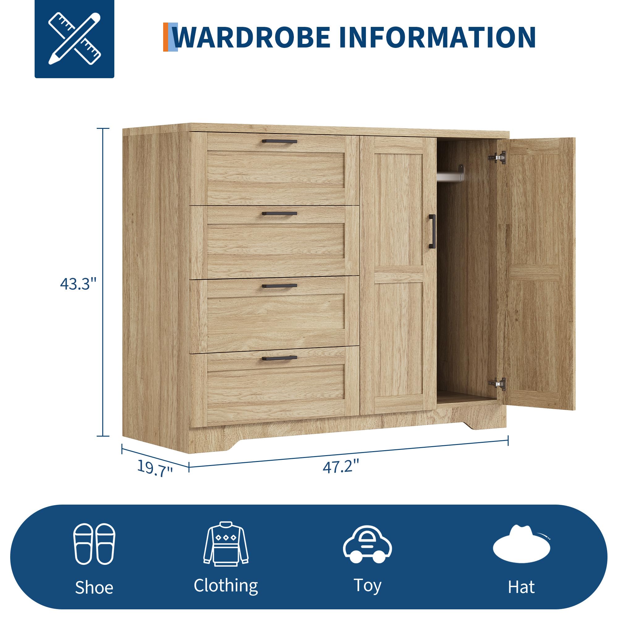 GarveeHome Multifunctional Wooden Dresser for Bedroom, 43.3 in H 2 Door Wardrobe Armoire Closet with 4 Drawers and Hanging Rod, Low Storage Cabinet for Hanging Cloth, Natural Oak