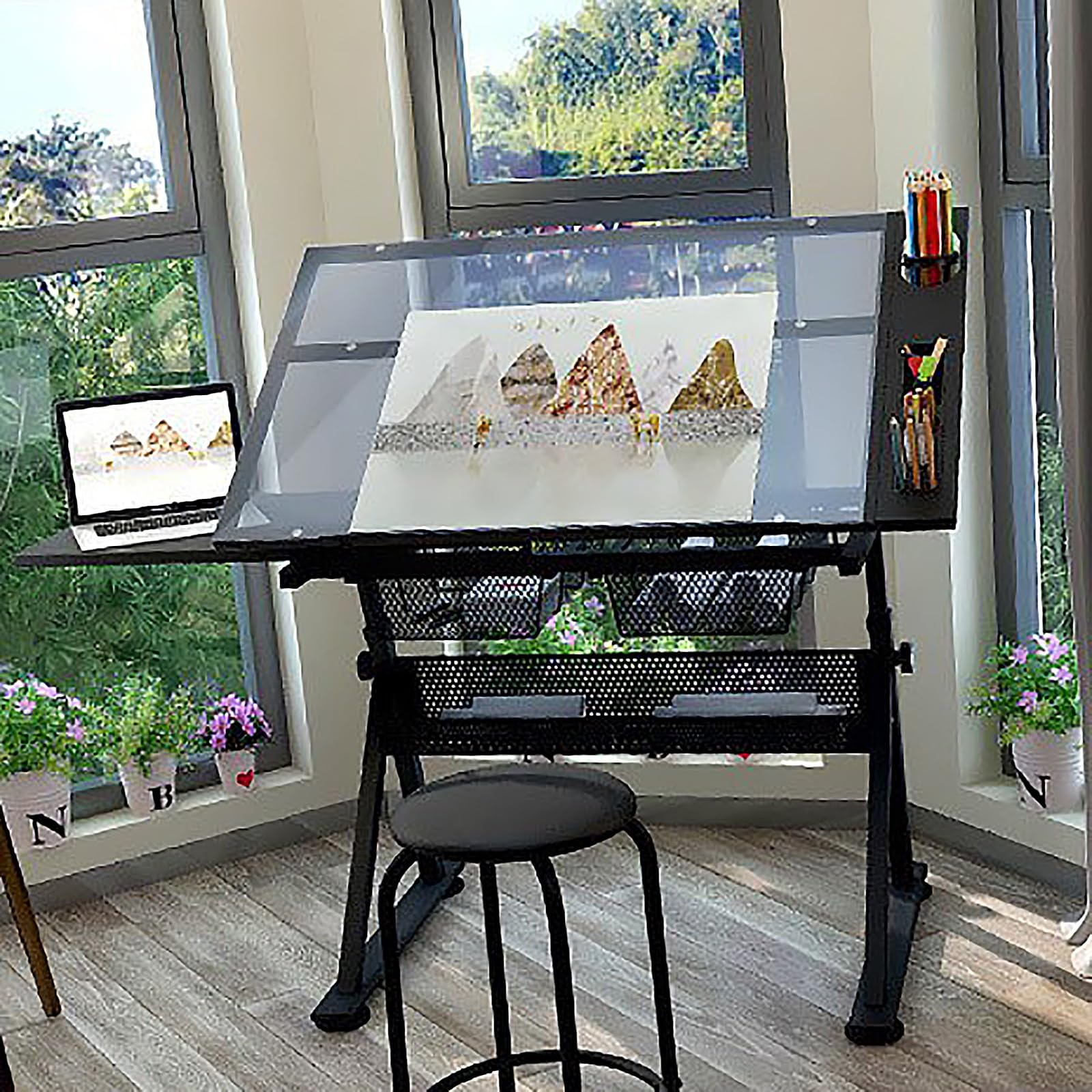 YDBMY Height Adjustable Drafting Table, Drawing Desk, Glass Art Desk, with Storage, for Home, School, Office, Working Station(Color:Natural)