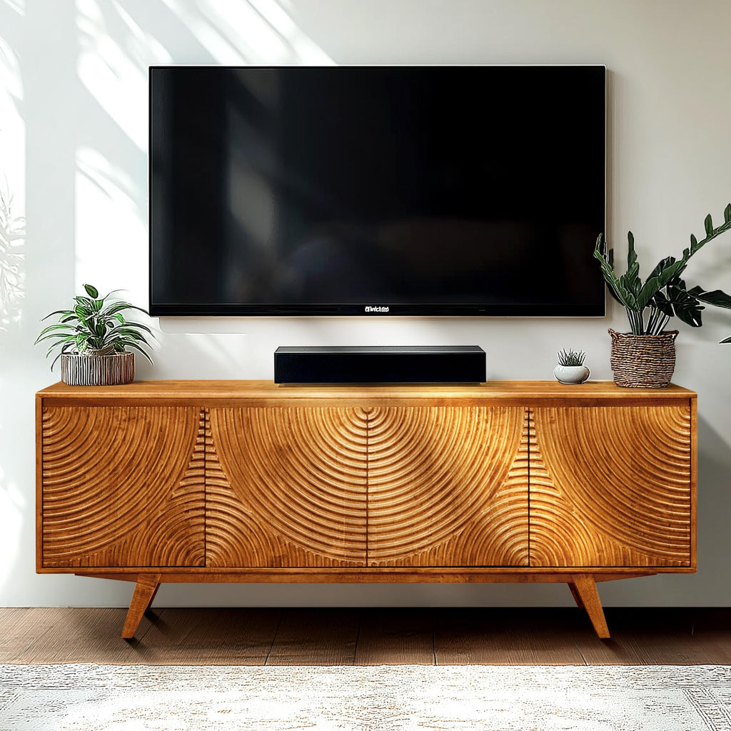 Acacia Harmony TV Stand for TVs up to 75+ Inch Entertainment Center with Storage Shelves and Cable Management, Media Console Table Wood for Living Room Bedroom, Caramel