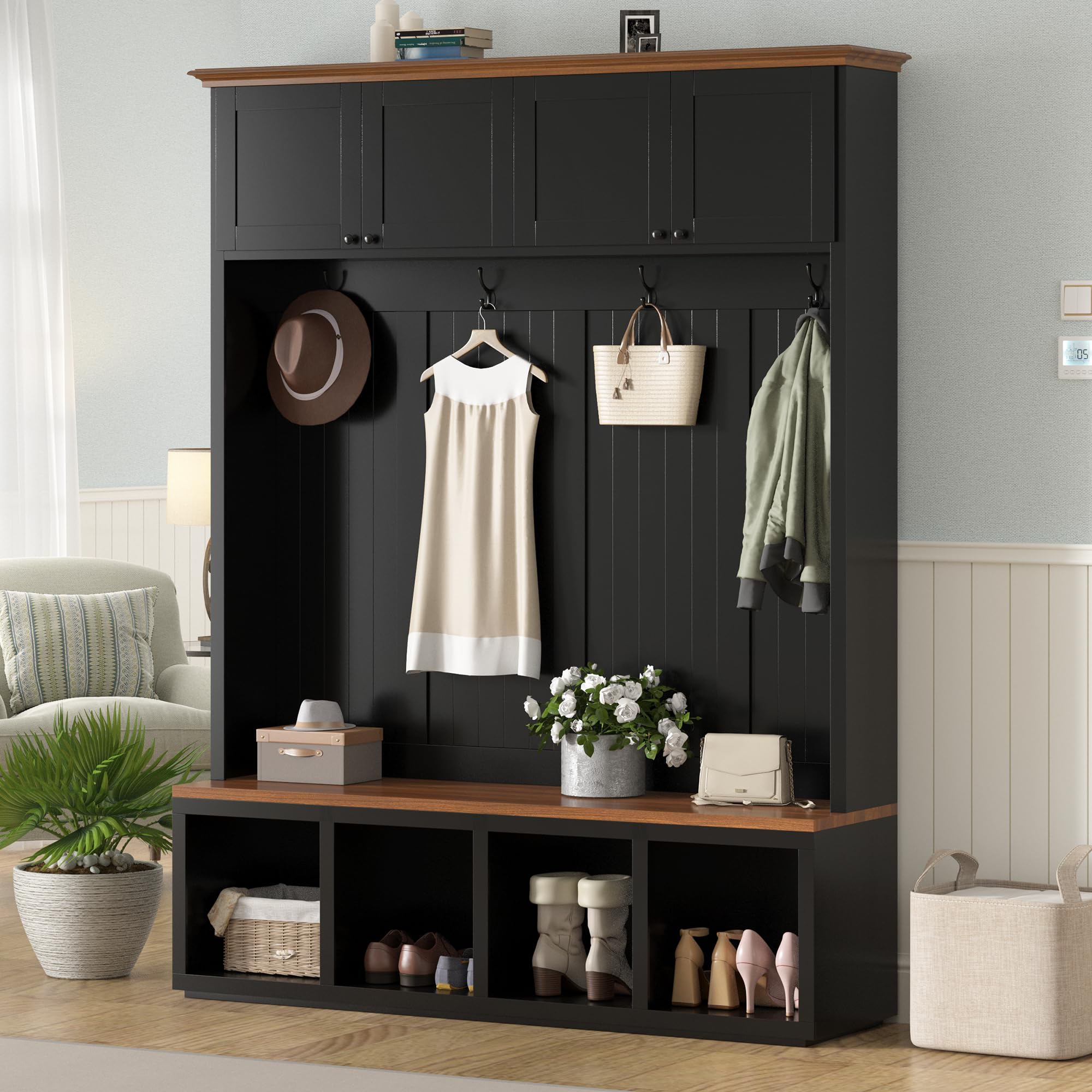 Merax Wood Rustic 59''W Hall Tree Entryway Bench with 4 Hooks and Cabinets, Farmhouse Mudroom Versatile Coat Racks with Shoe Storage Bench, Entrance Organizer for Hallway, Living Room Black