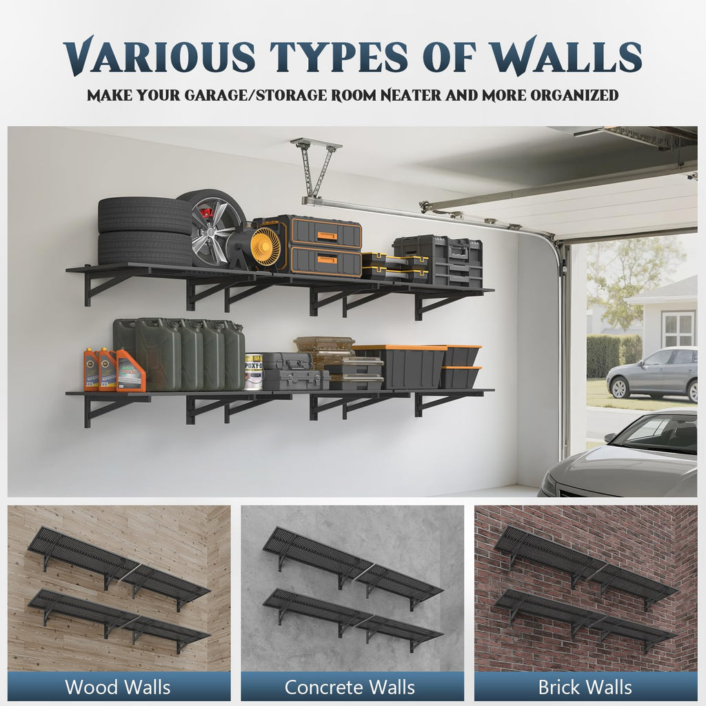 Jusgym 4 Pack Heavy Duty Garage Wall Shelving (1.5x4ft), 1400lbs Capacity Garage Shelving Wall Mounted, 18"x96"Garage Storage Rack Floating Shelves, Black
