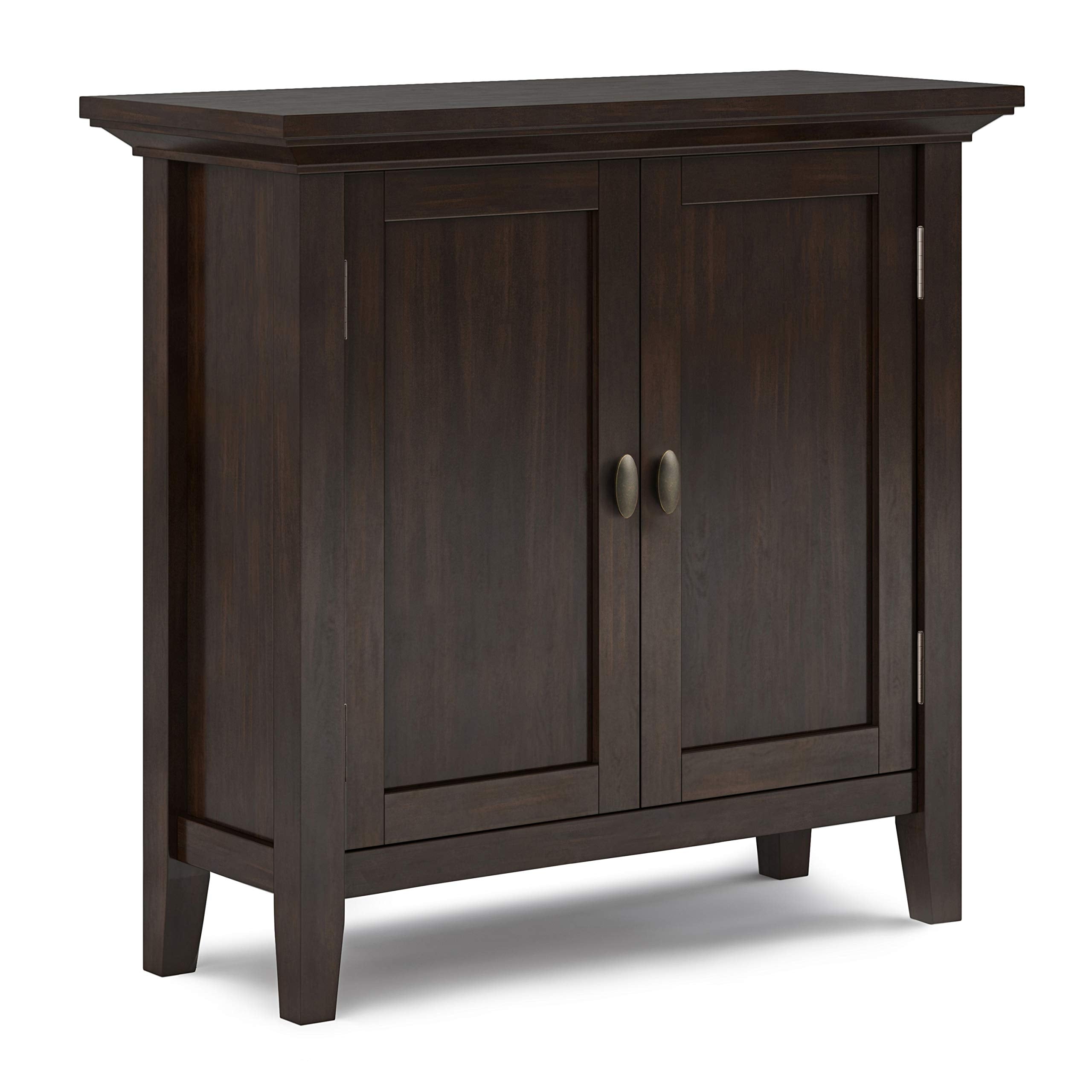 SIMPLIHOME Redmond Storage Cabinet - 32 inch Wide Solid Wood 2-Shelf Low Storage Cabinet in Brunette Brown, Transitional Accent Cabinet for Entryway with Adjustable Shelves and Tapered Legs