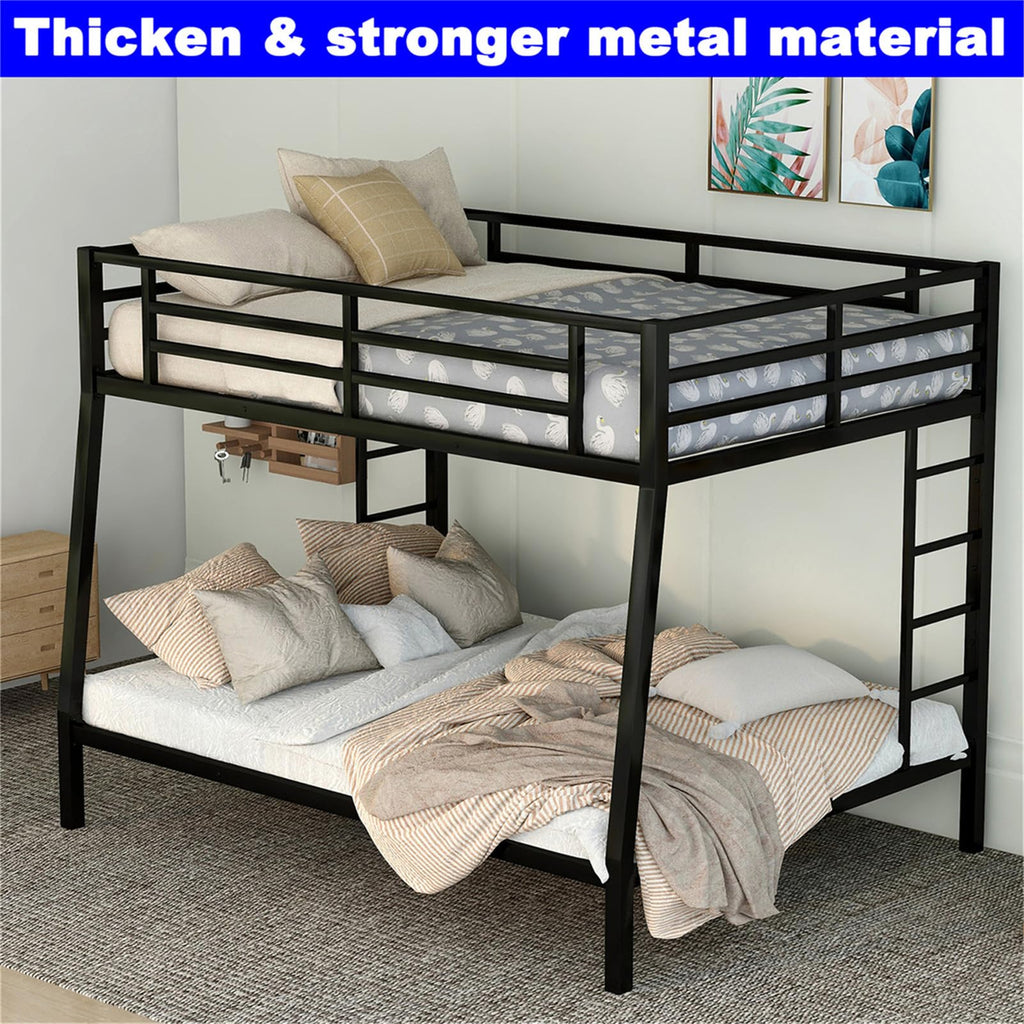 LEEKOUS Upgraded Version Heavy Duty Metal Full XL Over Queen Bunk Bed, Thicken Stronger Steel Full Over Queen Bunk Bed, Queen Size Bunkbed Frame for Adults, Easy Assembly, Black (Full XL Over Queen)