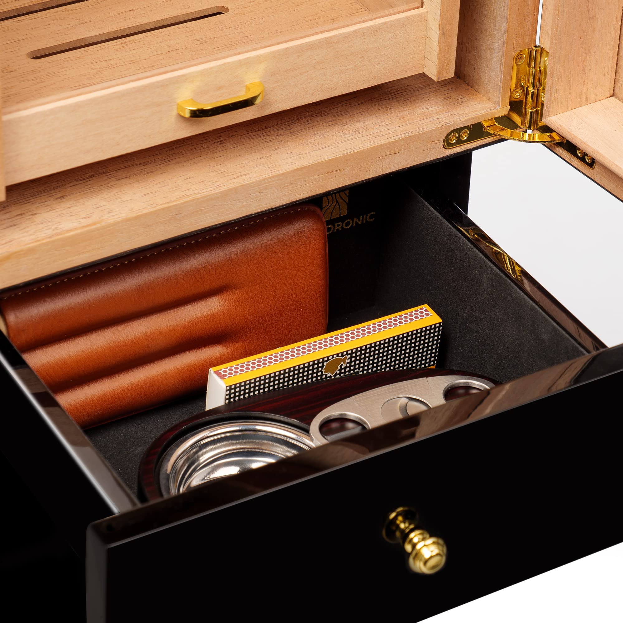 Woodronic Cigar Cabinet Humidor for 200-250 Cigars with Accessory Drawer, Crystal Humidifiers, USB Cables for Electric Humidifiers, Lock & Keys and Spanish Cedar Lining, Home & Commercial Display