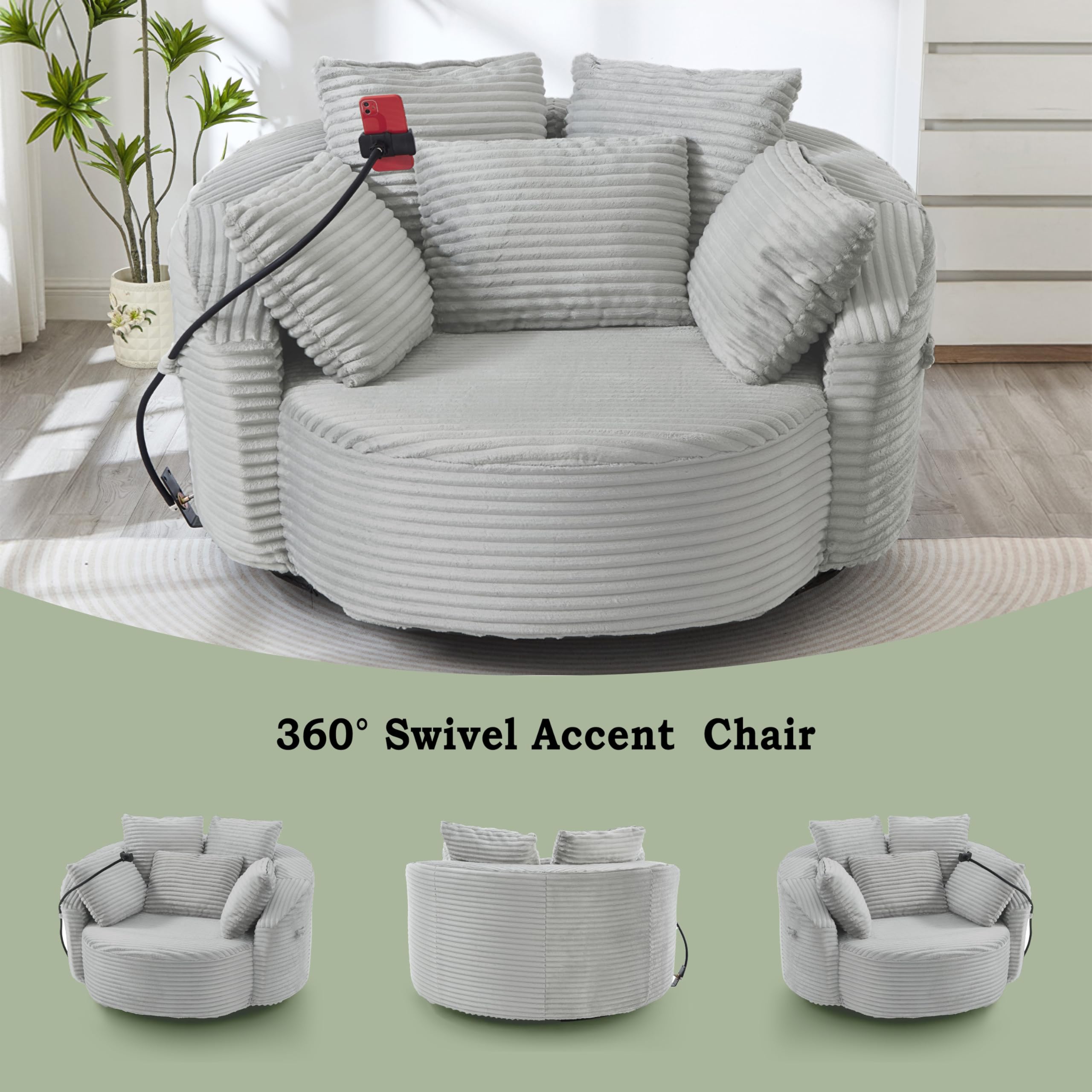 ERYE 360° Swivel Accent Barrel Chair Round Sofa Chaise with 5 Pillows and Adjustable Phone Holder, Modern Round Lazy Armchair for Living Room, Bedroom, Office and Hotel