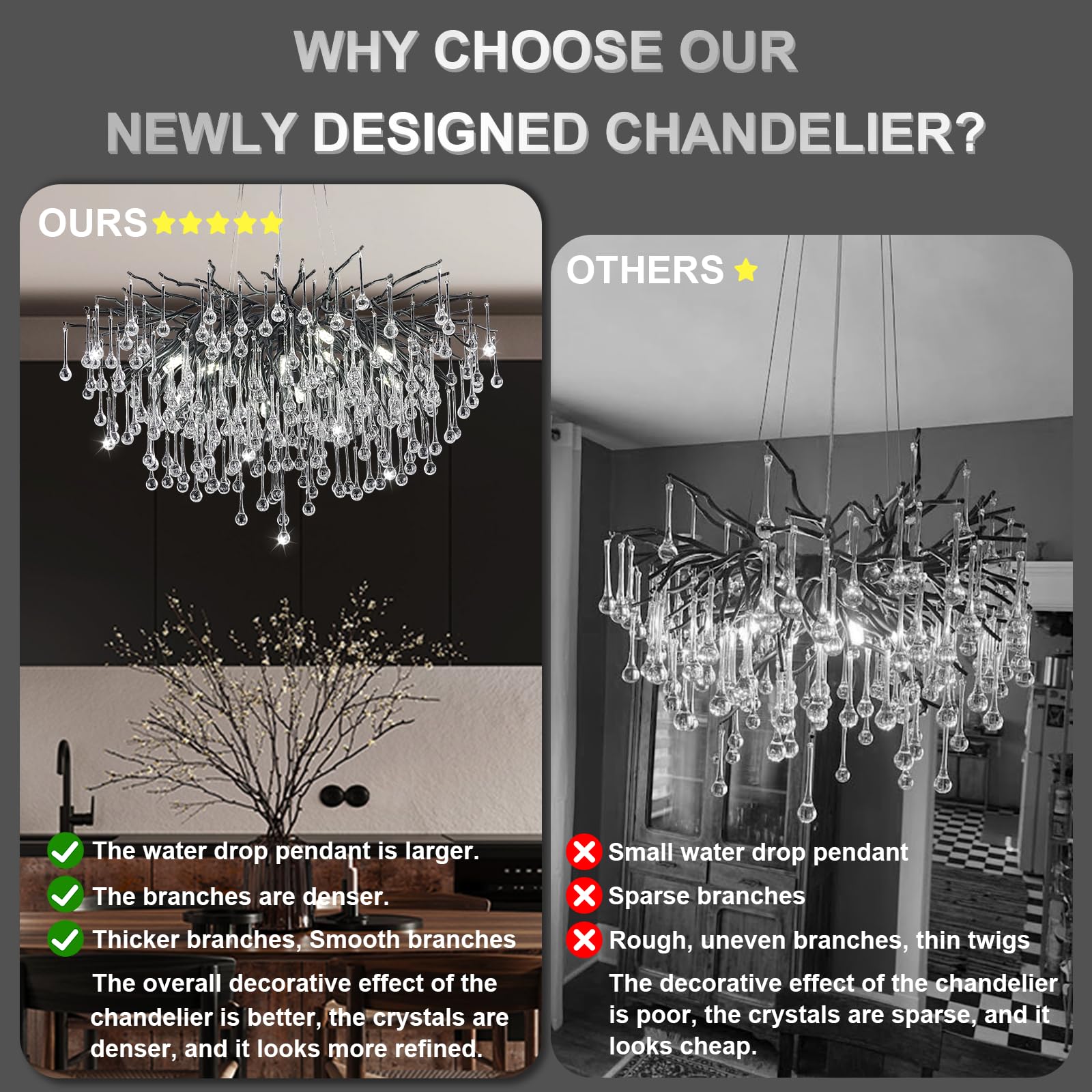 NIUZDU Chandeliers for Dining Room - 23.6" Modern Black Crystal Chandelier, Round Tree Branch Raindrop Chandelier, Foyer Chandeliers for Entryway, Living Room,Bedrooms,Bathroom(Bulb not Included)