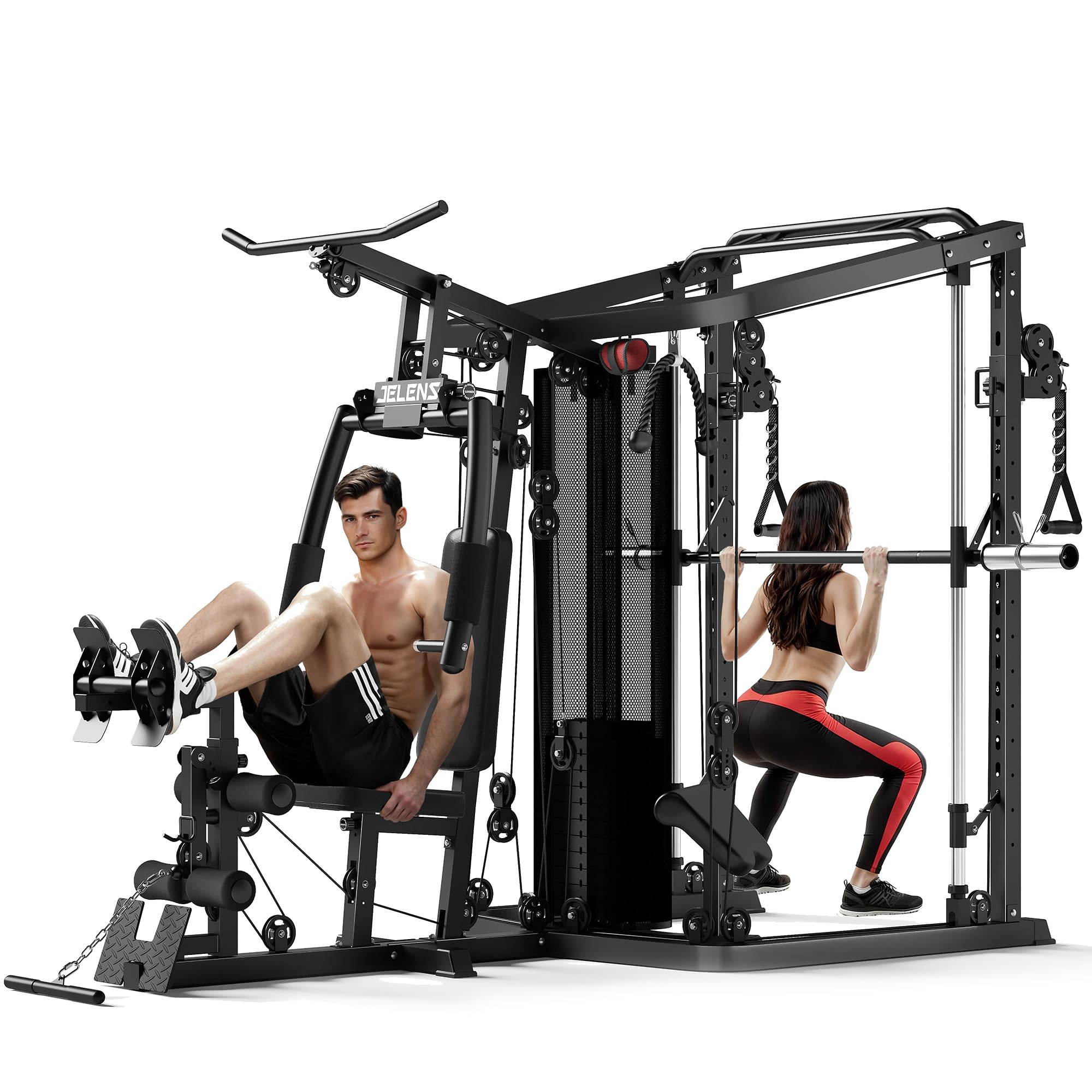 JELENS Home Gym System, 150LB Weight Stack Smith Machine with LAT Pull-Down & Leg Press, All-in-One Strength Training Equipment, Workout Station for Workout (Black, Classical Package)