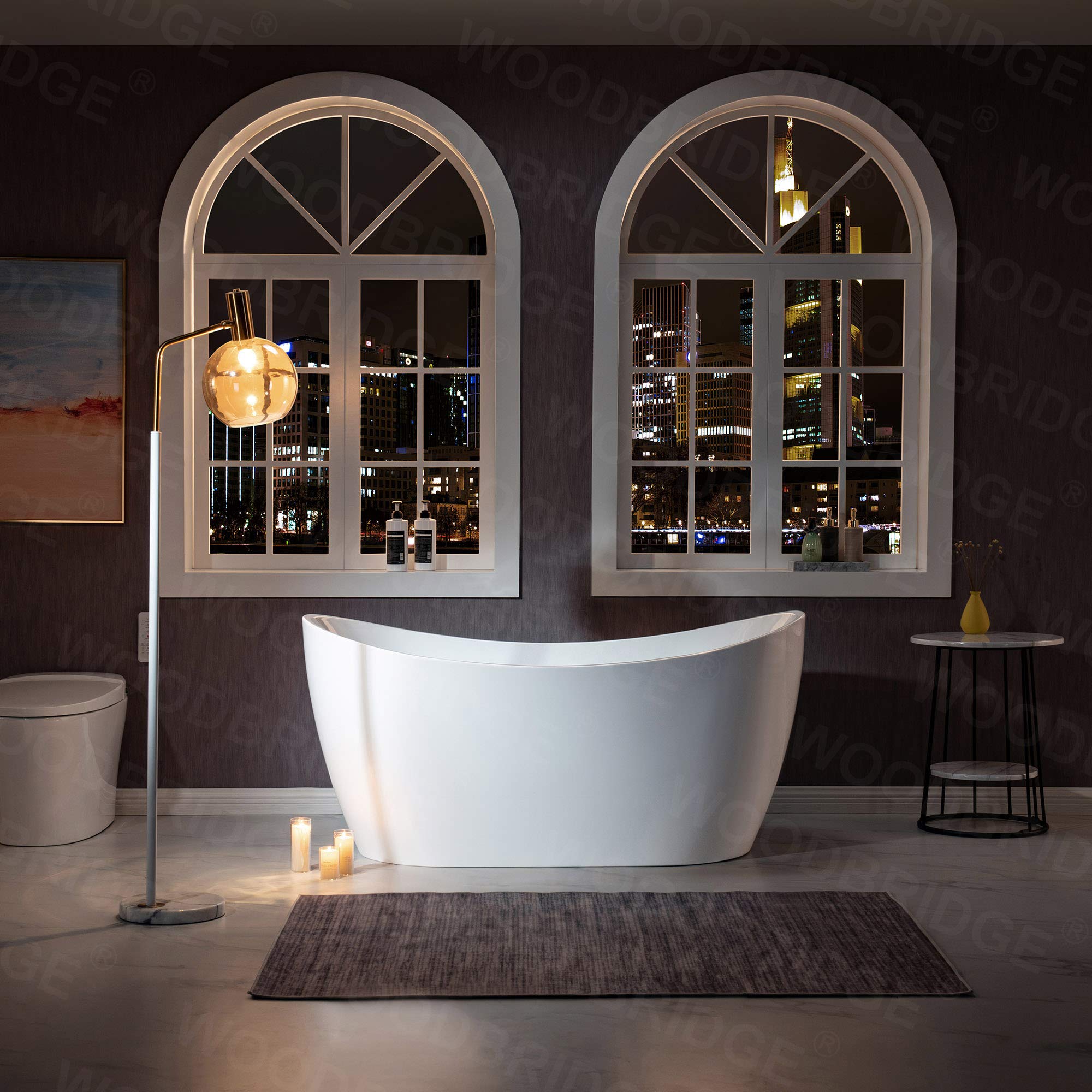 WOODBRIDGE 59" Acrylic Freestanding Bathtub Contemporary Soaking White Tub with Matte Black Overflow and Drain，BTA1516 -MB-Drain &O+ Pillow