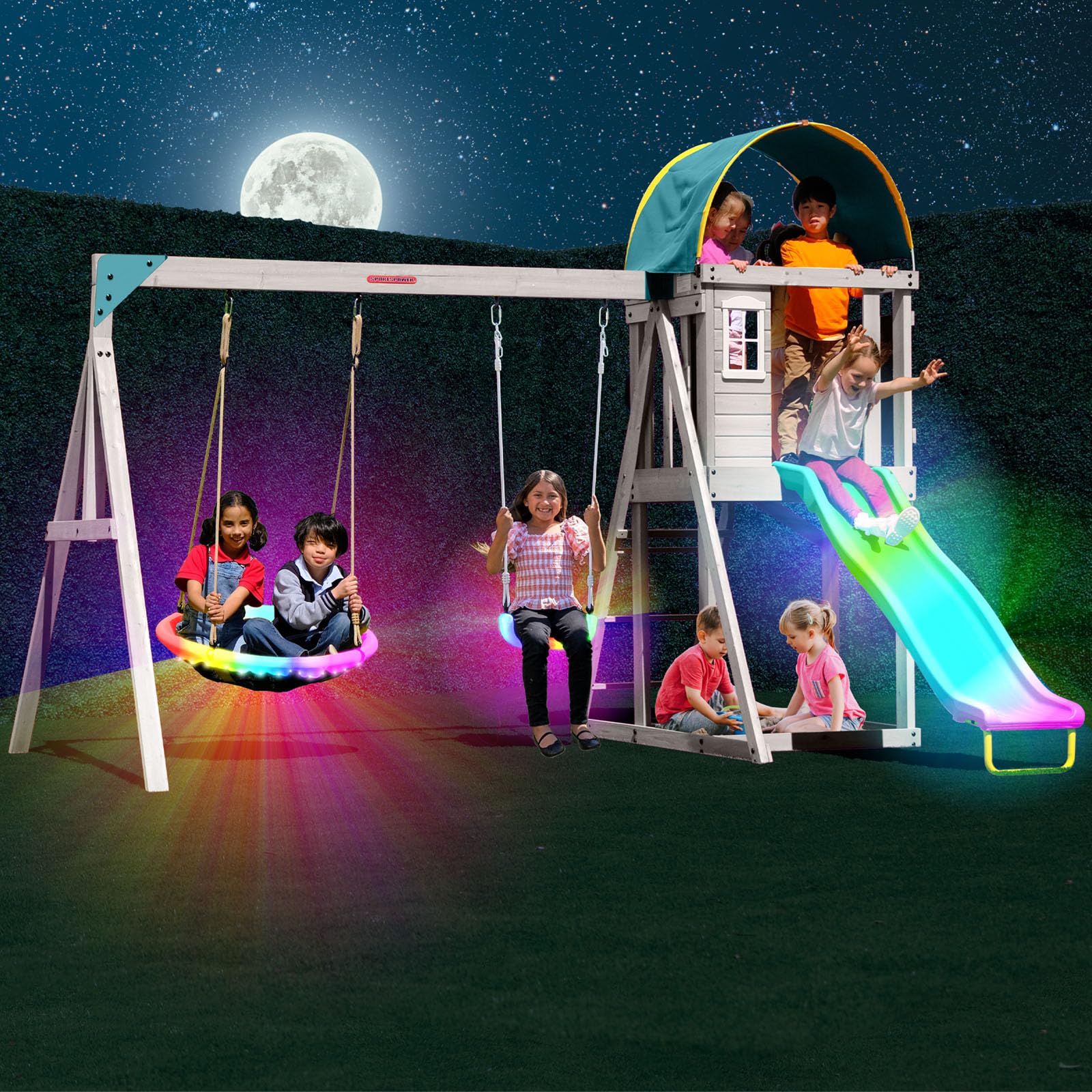 Sportspower Amelia Galaxy Cedar Wooden Swing Set for Night Play with 2 LED Swings, Play Fort with Sandbox, Heavy Duty Double A-Frame, on 6ft LED Slide, Bonus Anchor Kit