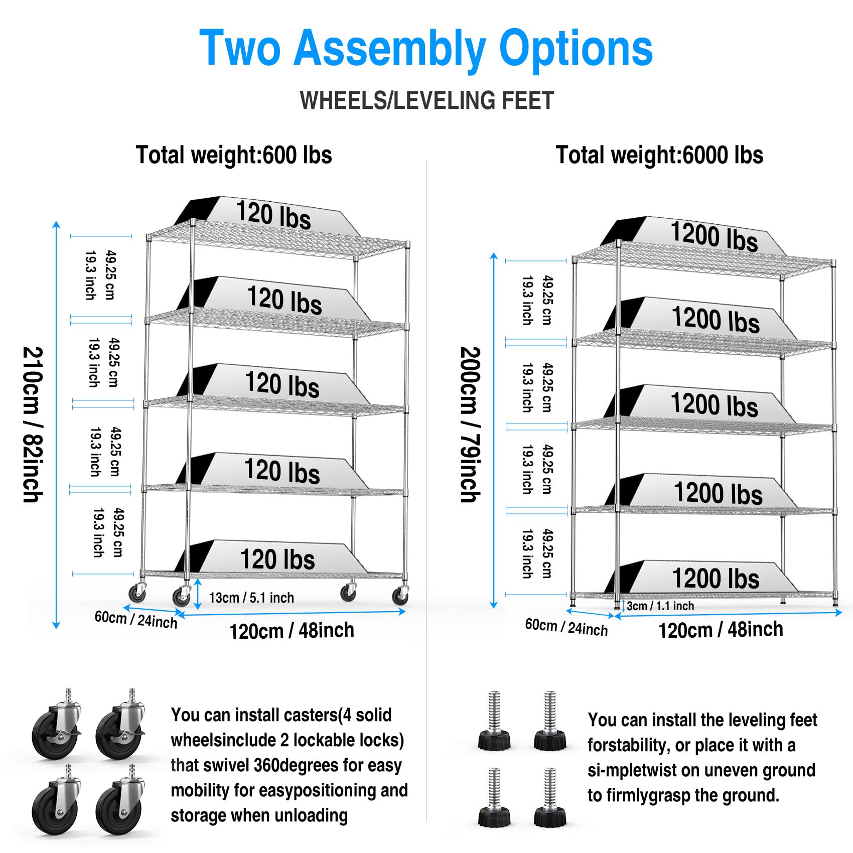 5 Tier 6000lbs Capacity NSF Metal Shelf Wire Shelving Unit, Heavy Duty Adjustable Storage Rack with Wheels & Shelf Liners for Commercial Grade Utility Steel Storage Rack, Chrome - 82"H x 48"L x 24"D