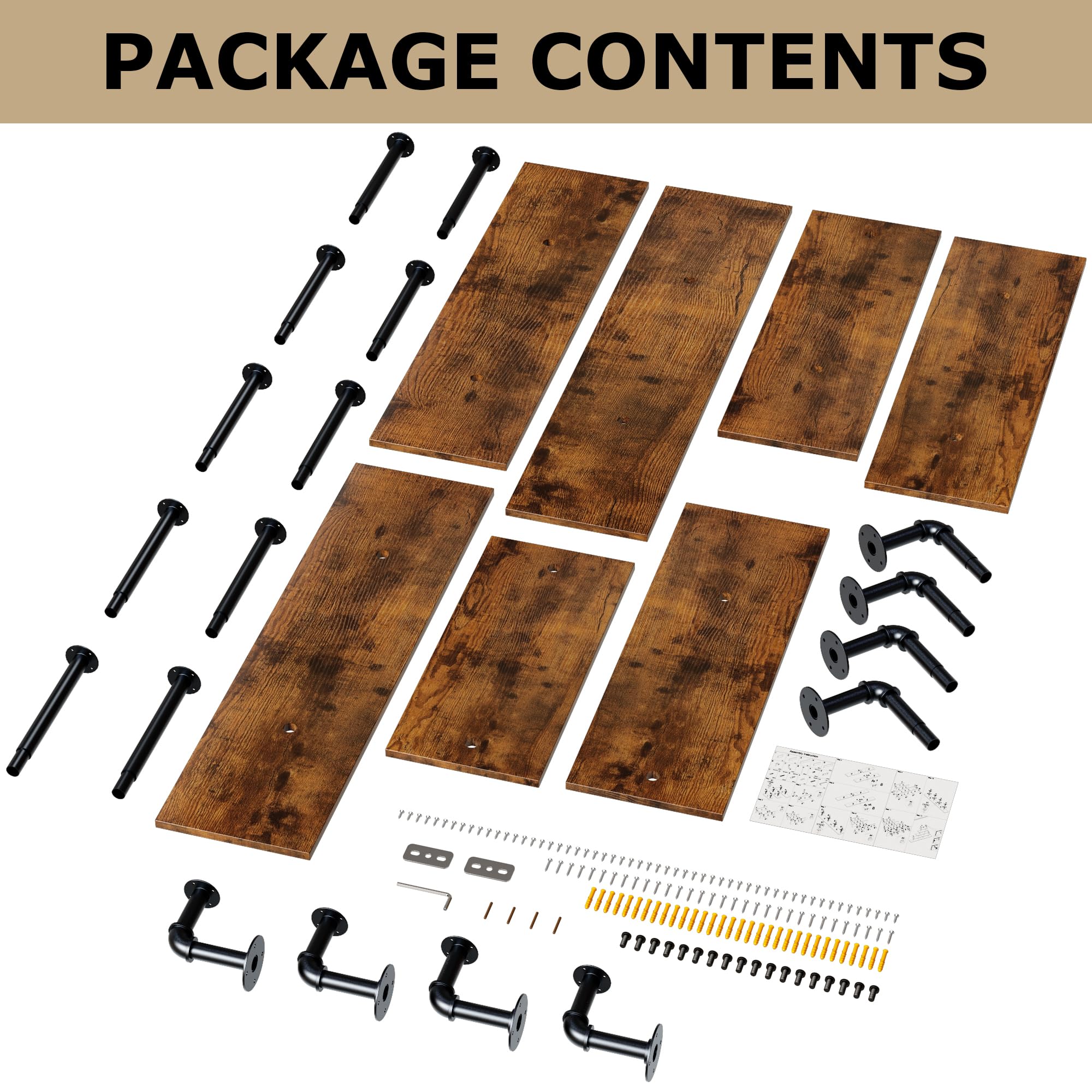 70" Industrial Pipe Shelving - 5 tier Rustic Solid Wood and Heavy Duty Metal Pipe Shelves for Wall,Kitchen Shelves Wall Mounted,Floating Bookshelf,Wall Shelves for Bathroom,Living Room,Coffee Bar