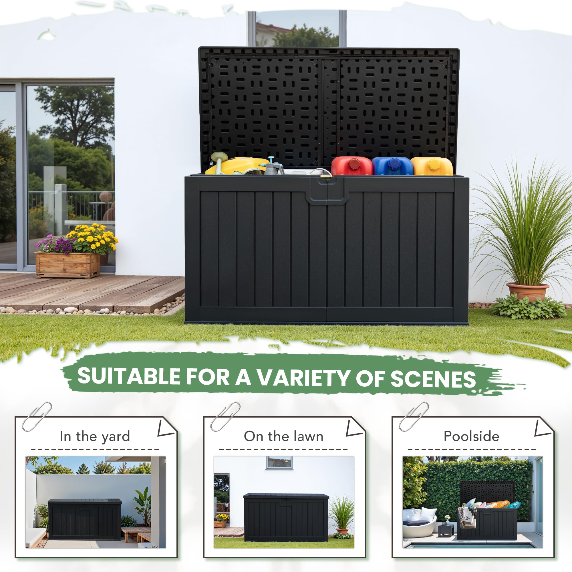 Greesum 230 Gallon HDPE Outdoor Storage Box with Removable Dividers, Weatherproof Oversized Deck Box for Patio, Garage, Garden, Black