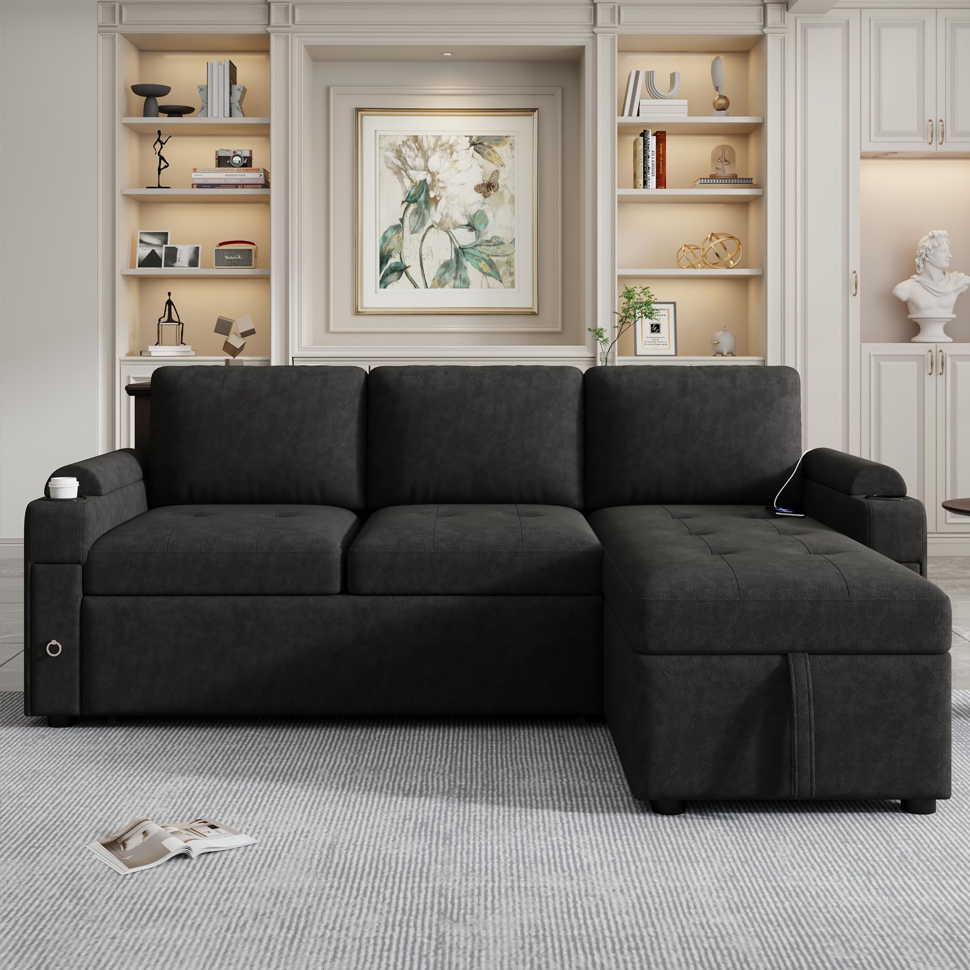 Merax Modern 83.5" L-Shaped Sectional Sofa with Pull-Out Sleeper Bed, USB Ports & Cup Holders, Chenille 3-Seat Couch with Storage Chaise Lounge, Side Pocket & Drawers for Living Room, Black