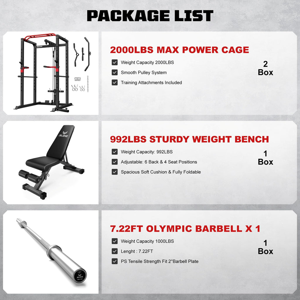 JELENS Power Cage, 2000LBS Multi-Function S11 Power Rack with LAT Pulldown, Squat Rack with Adjustable Pulley System and More Training Attachments, Weight Workout (Home Gym Package)