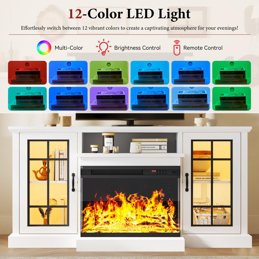 MXV 59'' Fireplace TV Stand, Farmhouse Entertainment Center with 3 Sided Glass TV Stand, Modern Media Console Table with Storage Drawers & Cabinets with LED Flame and Lights for Living Room, White