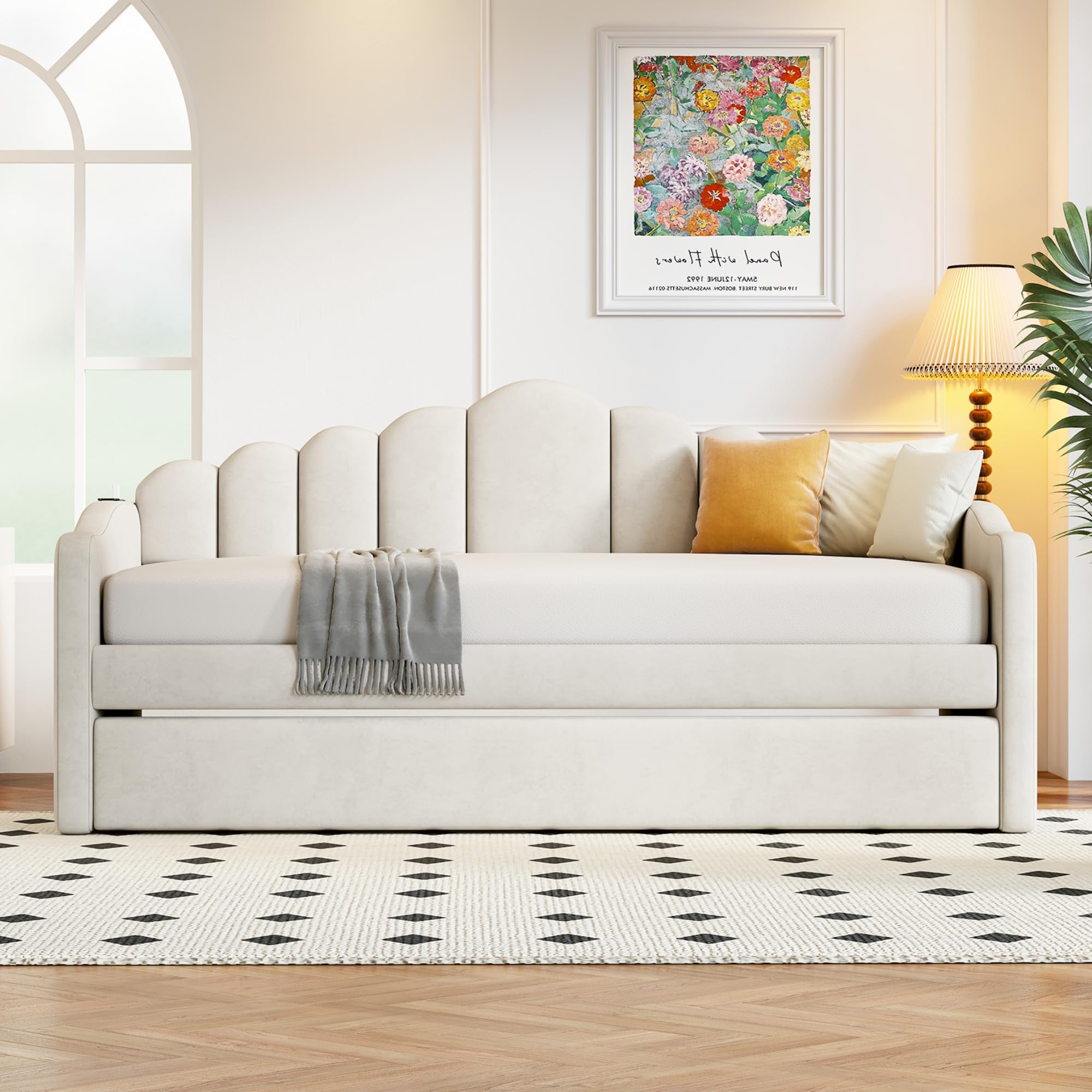 Ball & Cast Twin Daybed with Trundle and Channel Tufted Backrest,Velvet Upholstered Day Bed Frame with USB Charging Ports and 2 Side Pockets, Wood Slats Support,No Box Spring Needed,Beige