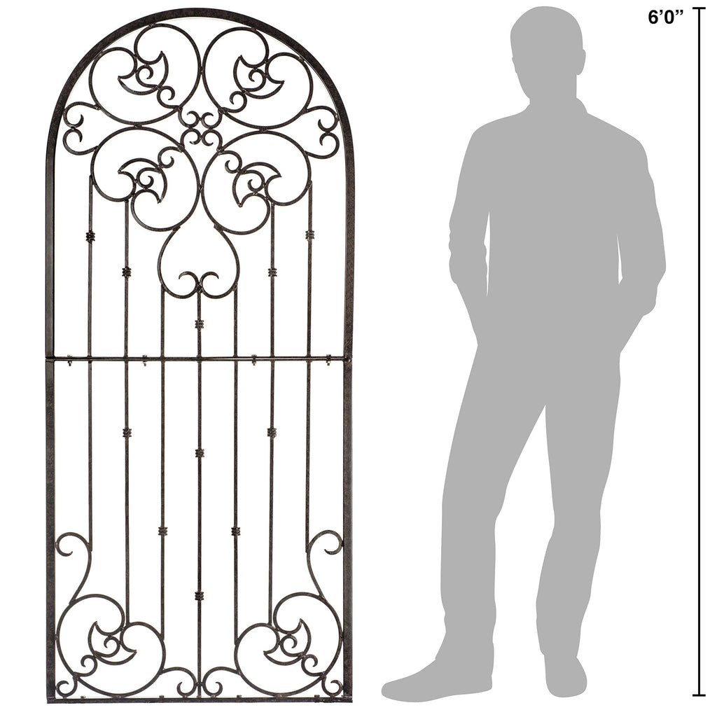 H Potter 72” Heavy Duty Garden Trellis – 60 lb Solid Iron Scrollwork Panel, 1” Metal Frame with Ground & Stabilizing Stakes (Charcoal Brown)