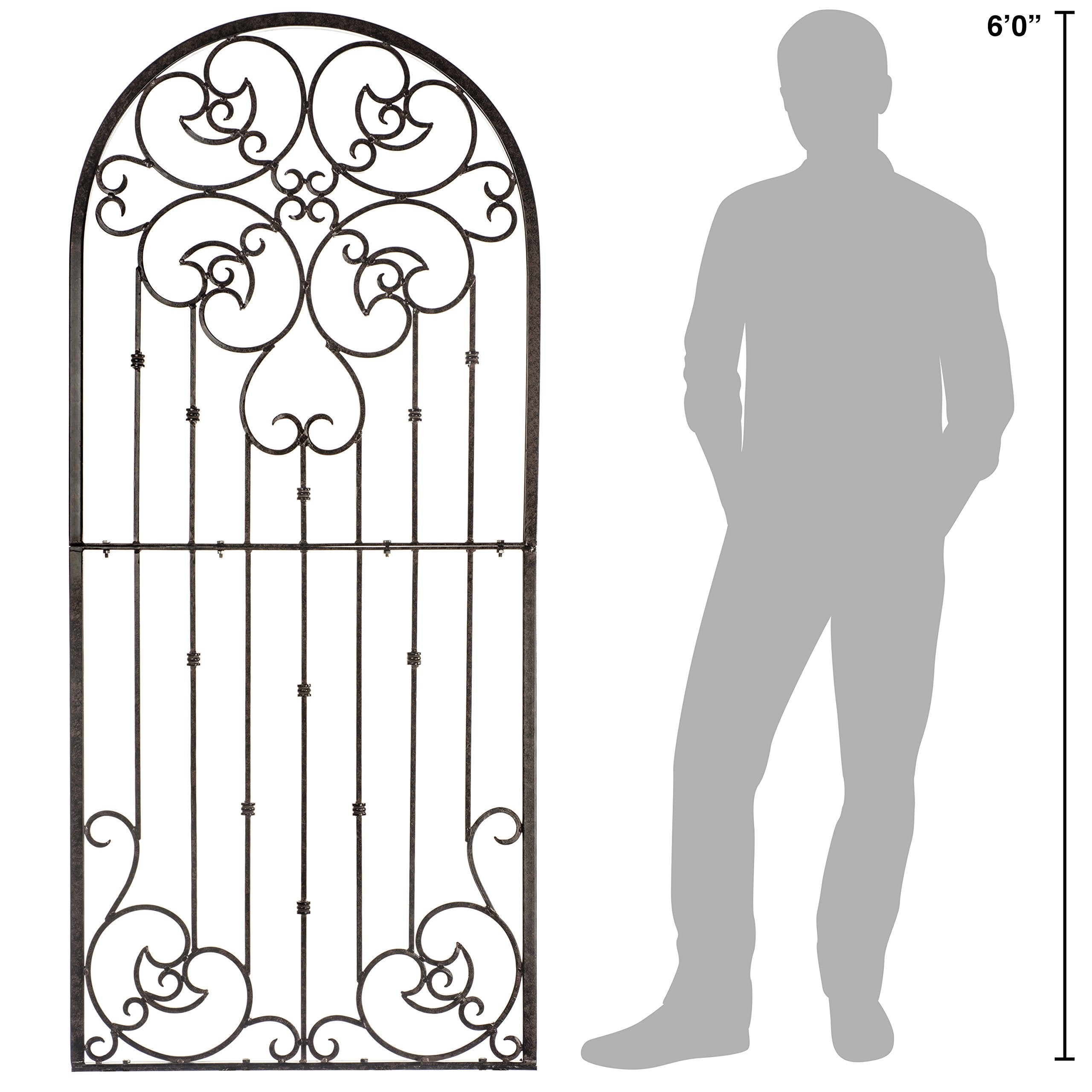 H Potter 72” Heavy Duty Garden Trellis – 60 lb Solid Iron Scrollwork Panel, 1” Metal Frame with Ground & Stabilizing Stakes (Charcoal Brown)