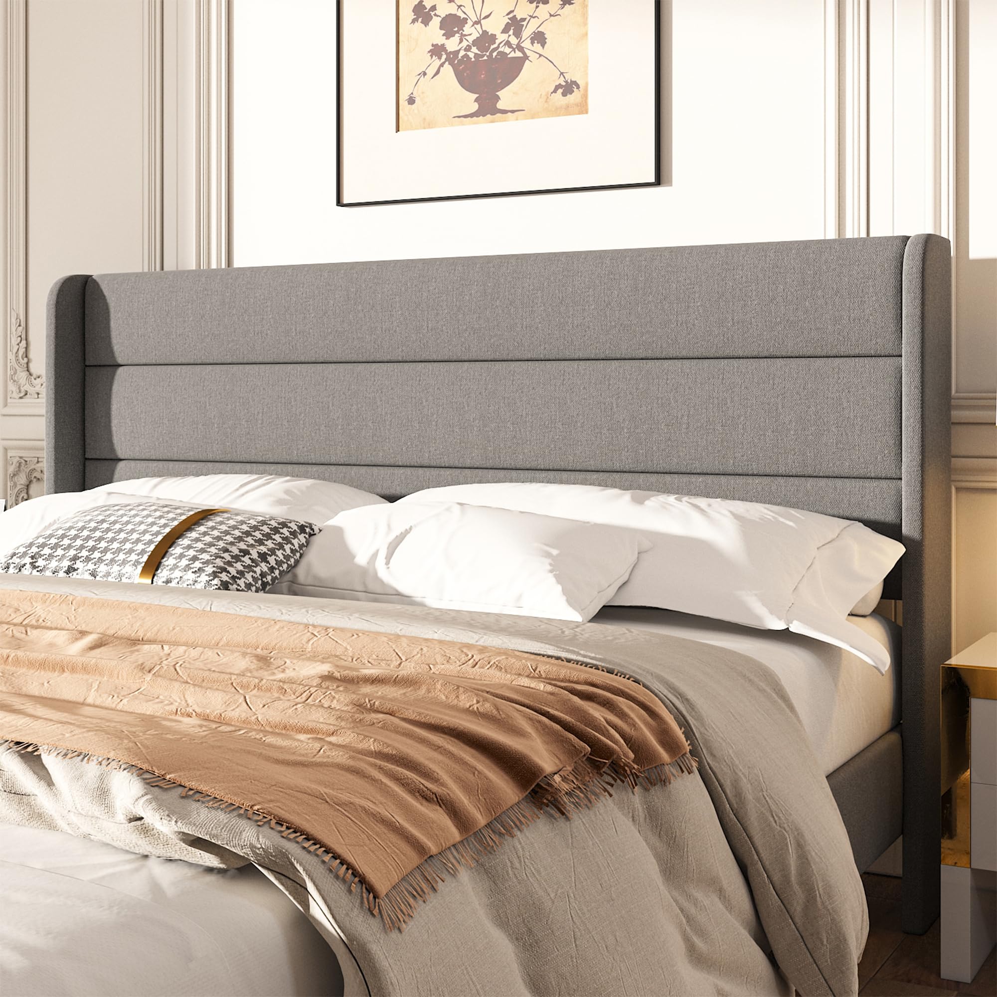 Mxhtcewz Queen Size Upholstered Platform Bed Frame, Modern Linen Fabric Bed with Wingback Headboard, Sturdy No Wobble, Noise-Free & Easy Assembly, No Box Spring Needed, Gray