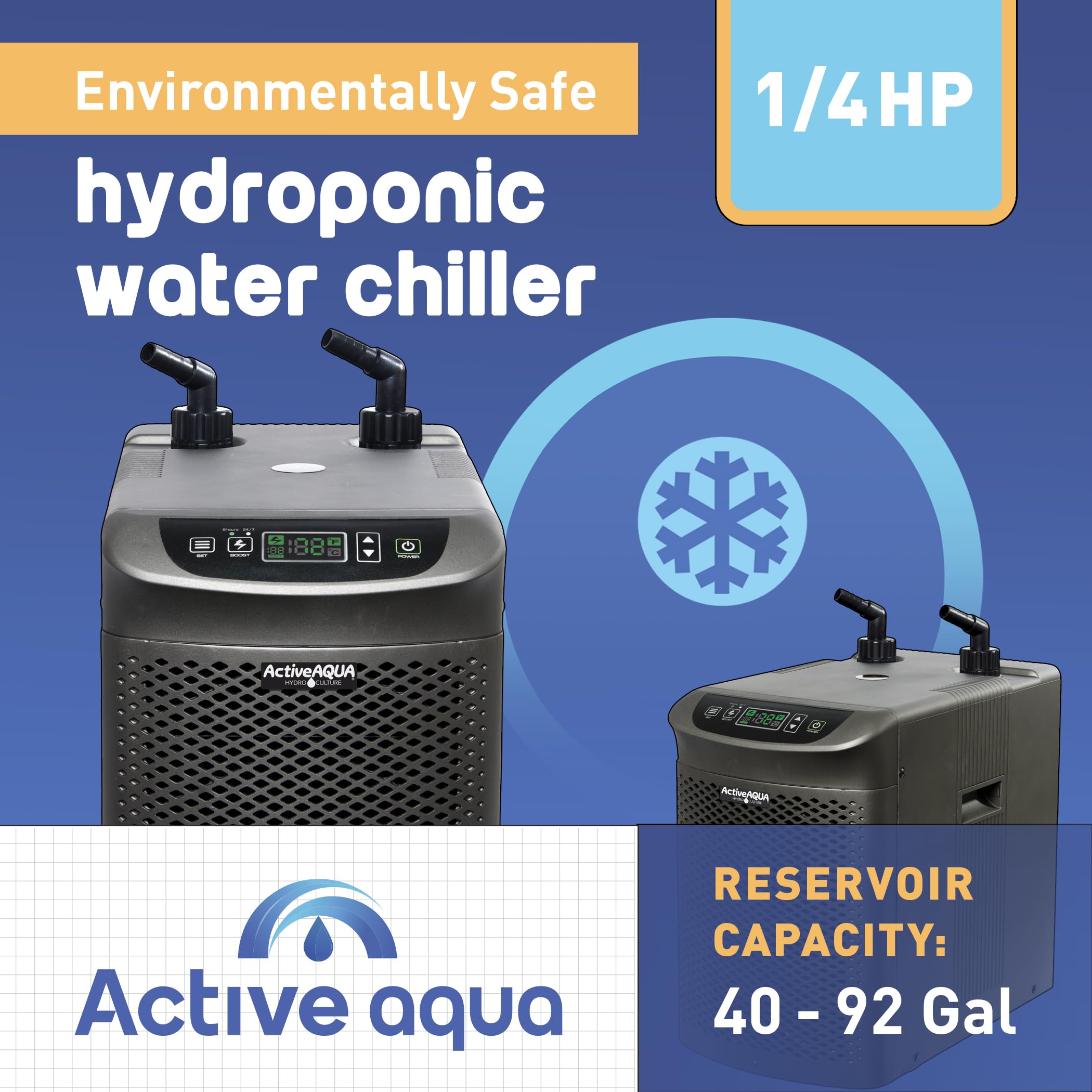 Active Aqua Hydroponic Water Chiller for Aquaponics, Plunge Baths and Aquariums, 0.25 HP - Portable Cooling System with Boost Function for 40-92 Gallon Reservoirs, Pure Titanium Evaporator Cooler