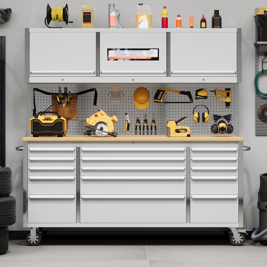 IDEALHOUSE 72 inch Rolling Tool Chest, Garage Workbench with 15 Drawers, Solid Rubber Wood Top & with Wheels Lock Key Locking, Mobile Workstation Tool Cabinet for Workshop Storage