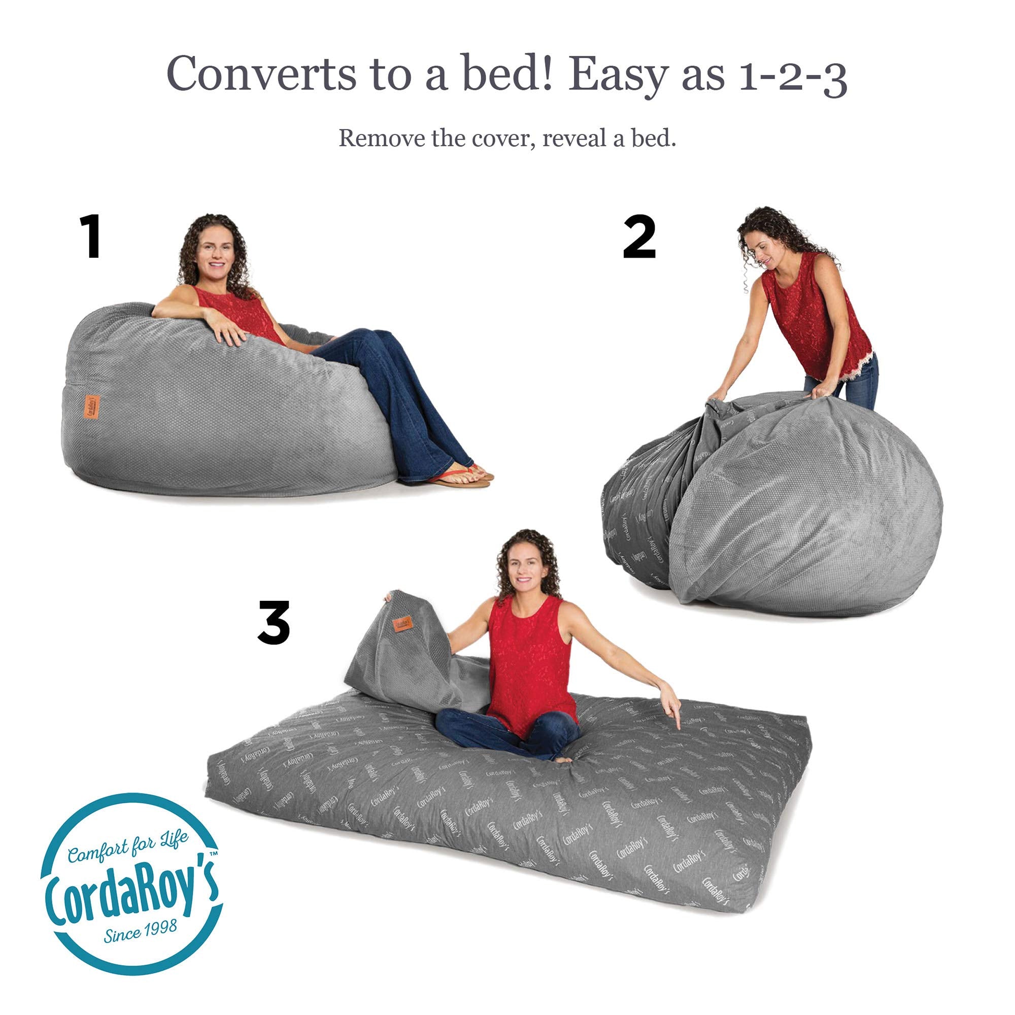 CordaRoy's Chenille Bean Bag Chair, Convertible Chair Folds from Bean Bag to Lounger, As Seen on Shark Tank, Charcoal - Queen Size