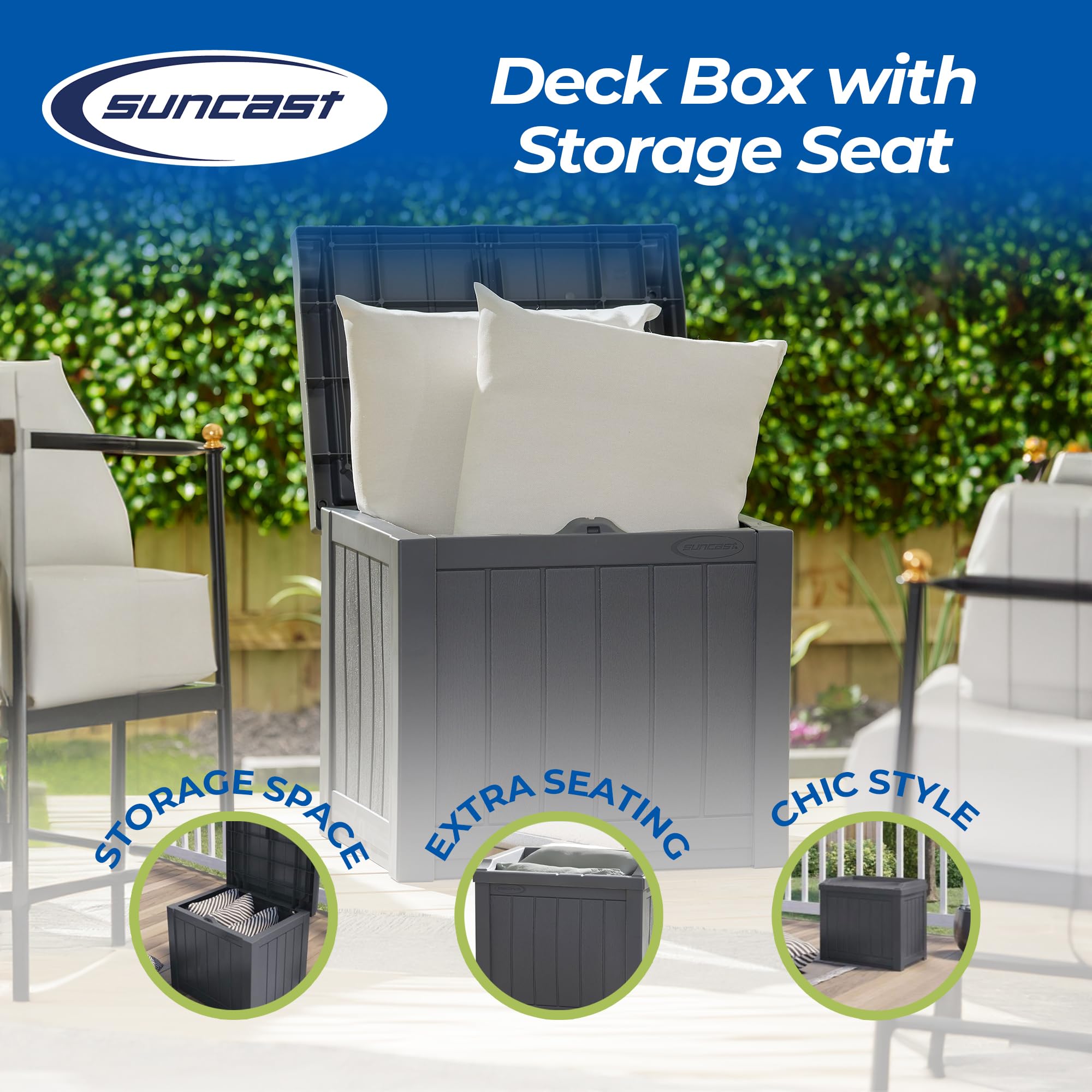 Suncast 4 Pack Small Deck Box Storage w/Bench Seat for Indoor & Outdoor Use, 22 Gal., Cyberspace