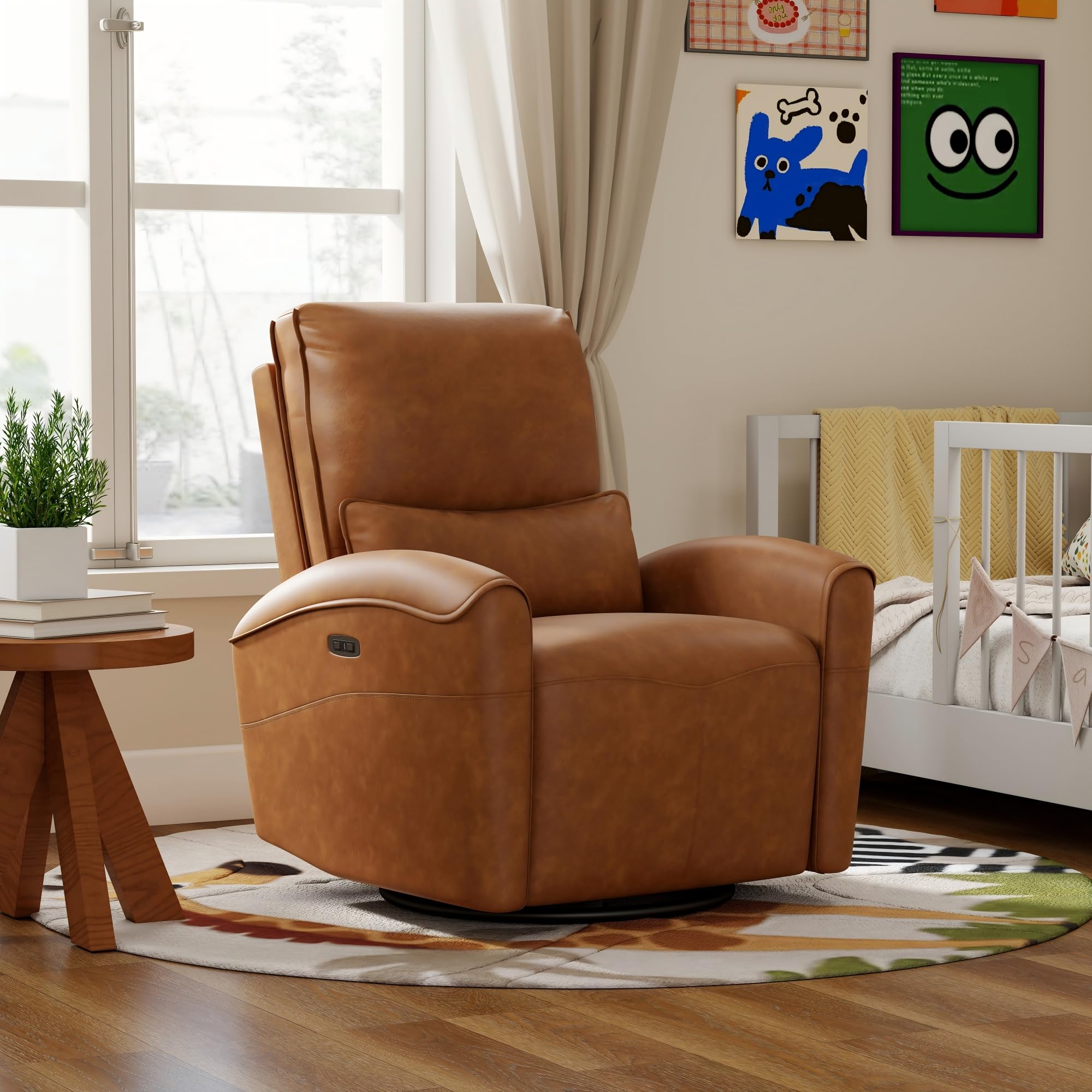 Bonzy Home Power Swivel Rocker Recliner Chair with USB Port, 23.2" Wide Seat, Fixed Lumbar Support, Upholstered Glider Chair for Nursery Living Room, Brown