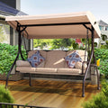 NOBLEMOOD Patio Porch Swing, 3-Seat Outdoor Swing with Adjustable Canopy, Waterproof Fabric Cushion, Pillow and Foldable Side Tray for Patio, Backyard, Porch Swing Bed for Spring