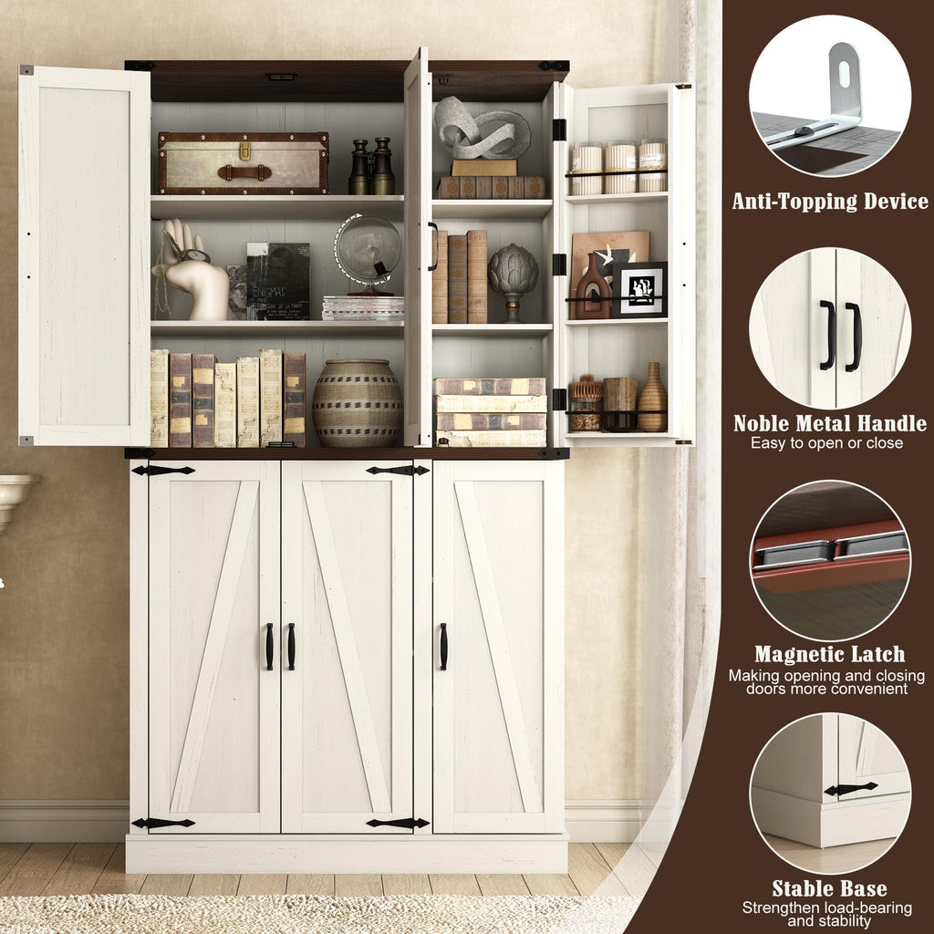 Hlivelood 71" Tall Kitchen Pantry,Farmhouse Storage Cabinet with Barn Doors,Organizer,Rustic Wood Cupboard,Farmhouse Pantry Cabinet for Kitchen,Dining Room,Living Room(Rustic White)
