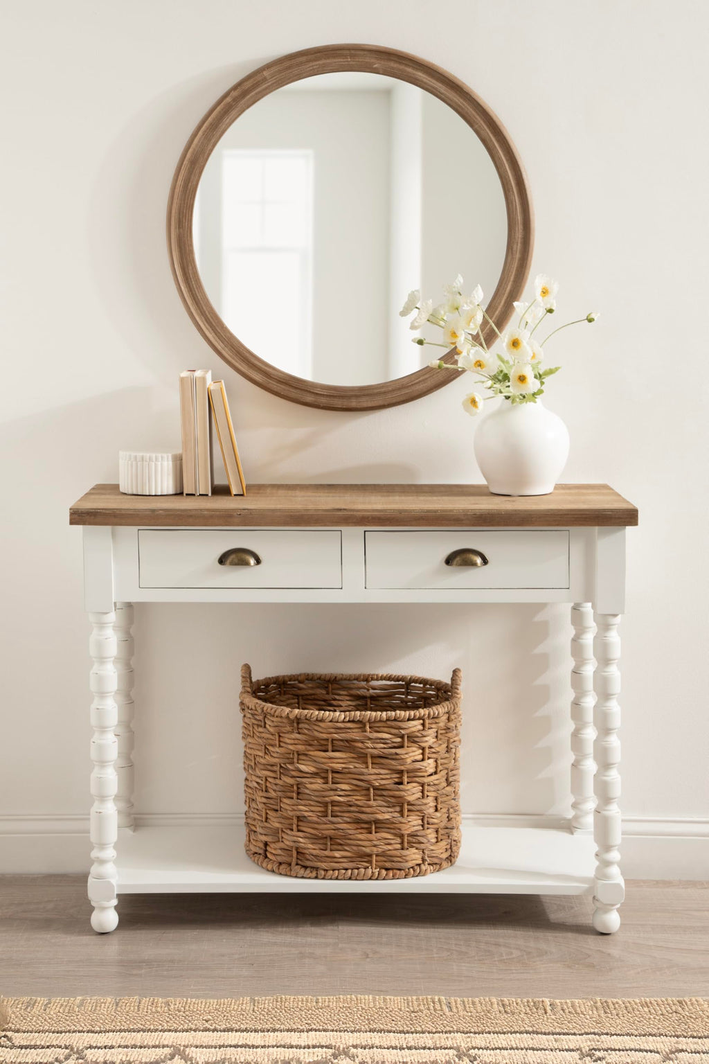 Kate and Laurel Rutledge Coastal Wooden Console Table with Shelf; 40 x 14 x 33; Hazelnut and White; Traditional Wood Entryway Table with Drawers and Decorative Turned Legs for Entry Storage Options