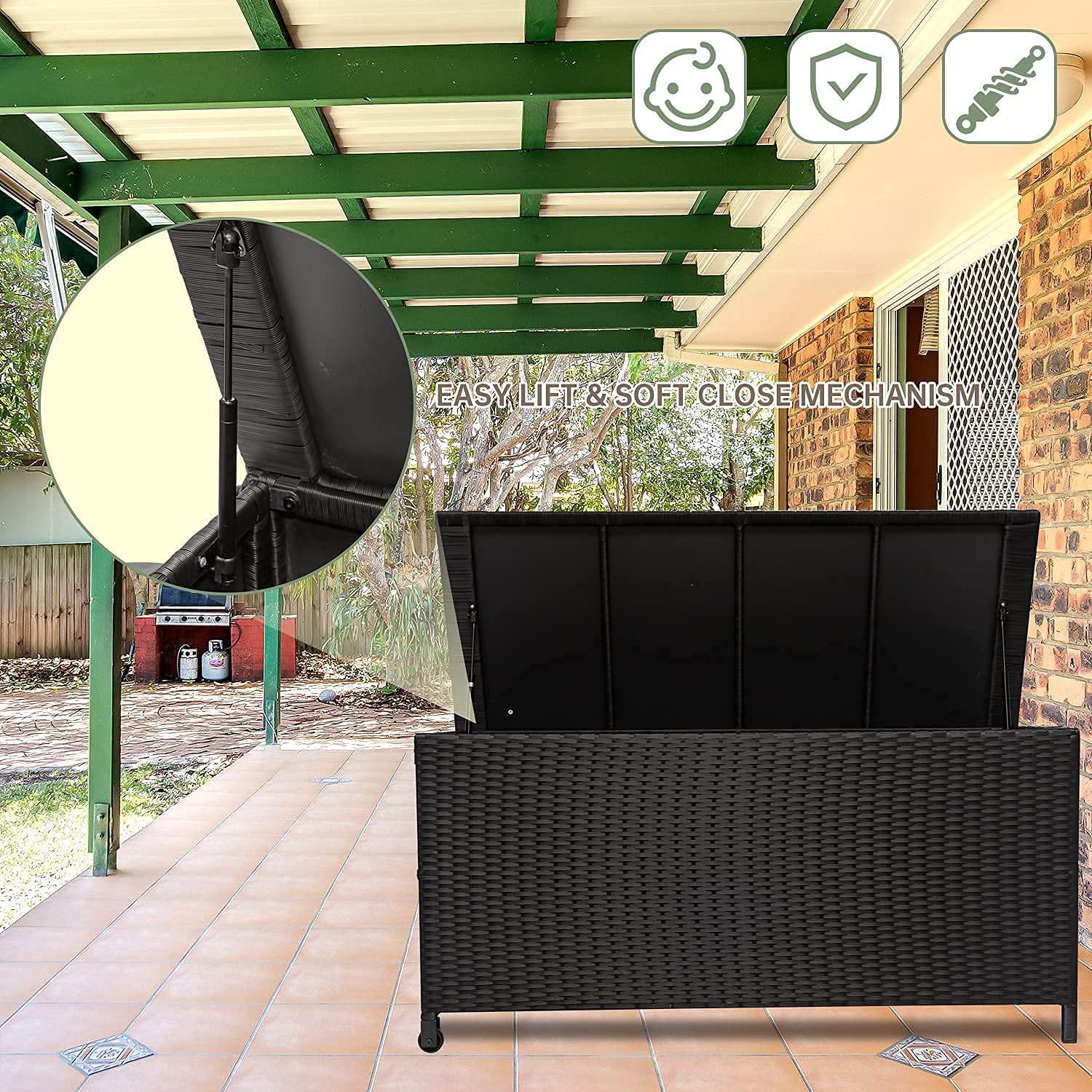 Outdoor Wicker Storage Box, Rattan Woven Bin Deck Box, Large Capacity Water-resistant Container for Patio Garden Tools, Pool Toys, Pillows, Cushions (Black)