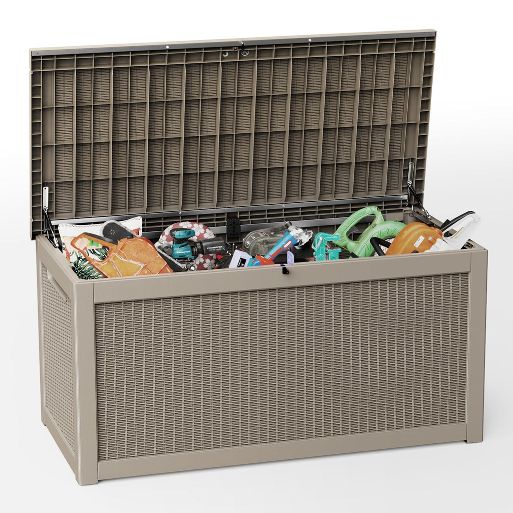 Trygoal 260 Gallon Deck Box, Waterproof Resin Outdoor Storage Box Lockable for Patio Furniture, Fade Resistant Patio Side Table & Organizer for Garden Tools, Pool Float, Outdoor Cushions, Light Coffee