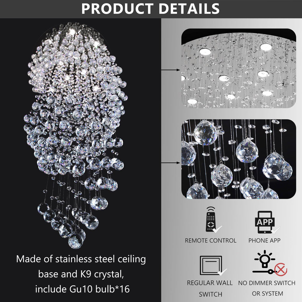 cenozo D40'' x H120'' Crystal Chandelier for Staircaes Glam Chandelier Large Raindrop Chandeliers LED Dimmable High Ceiling Light Fixtures for Hallway Foyer Silver