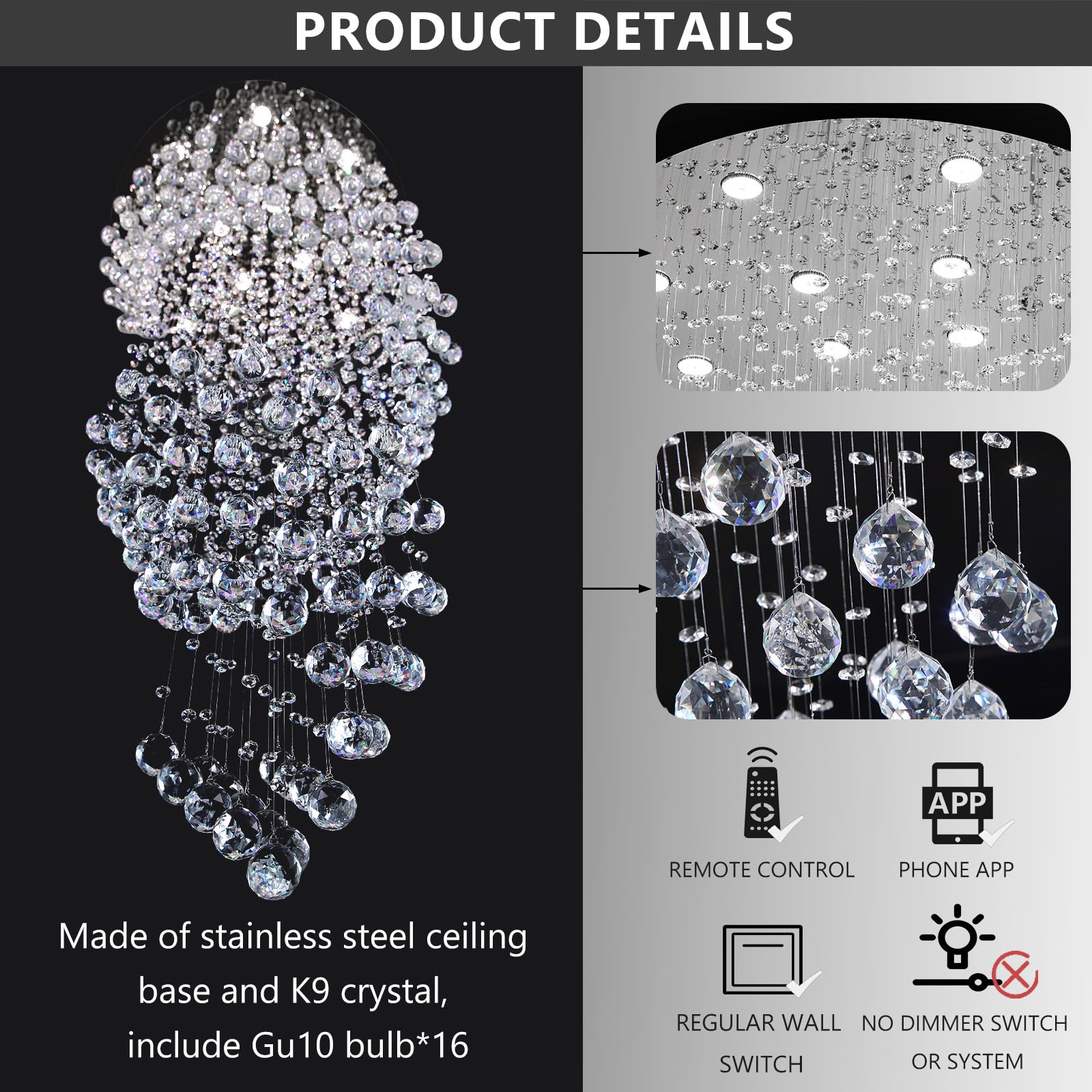 cenozo D40'' x H120'' Crystal Chandelier for Staircaes Glam Chandelier Large Raindrop Chandeliers LED Dimmable High Ceiling Light Fixtures for Hallway Foyer Silver