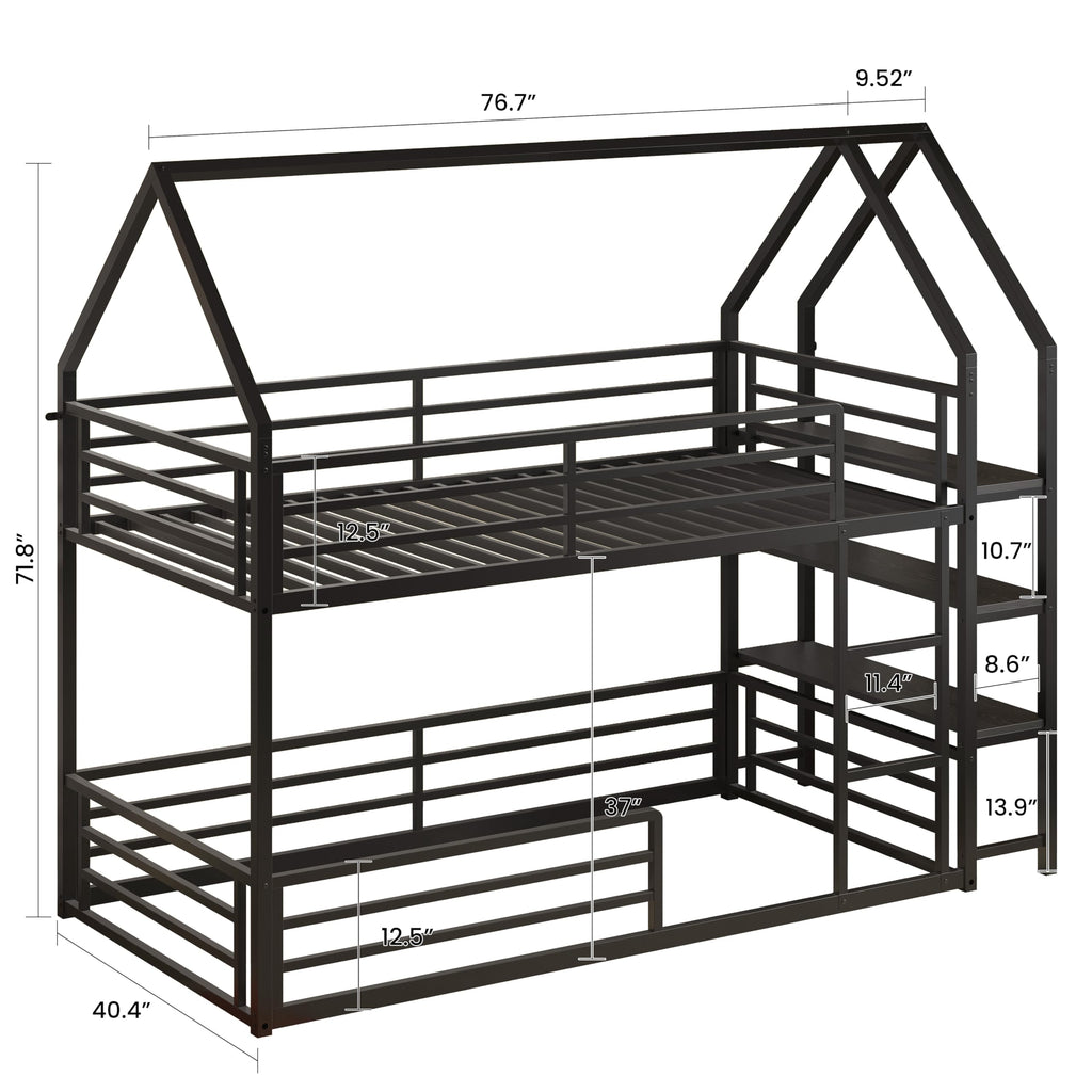 LIKIMIO Bunk Bed Twin Over Twin, Twin Bunk Beds Frame with 3-Tier Storage Bookshelf, Metal Twin House Bed Ladder and Safety Guardrail, Space Saving for Apartment or Dorm, No Box Spring Needed, Black