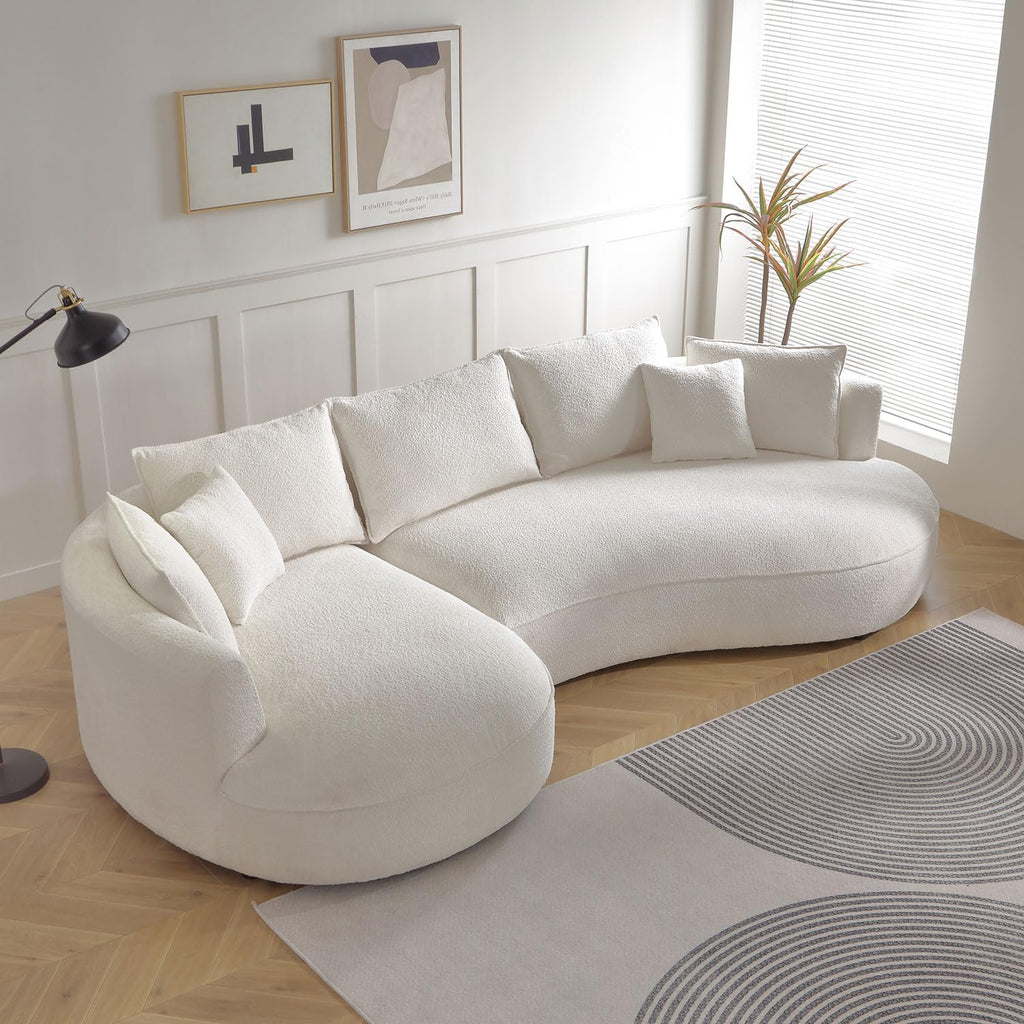 KEIKI 129" Luxury Curved Boucle Sectional Sofa with Left Chaise, Upholstered Modern Style Oversized 5-Seater Couch with Thickened Seat Cushions, Easy Assembly, for Apartment, Living Room, White