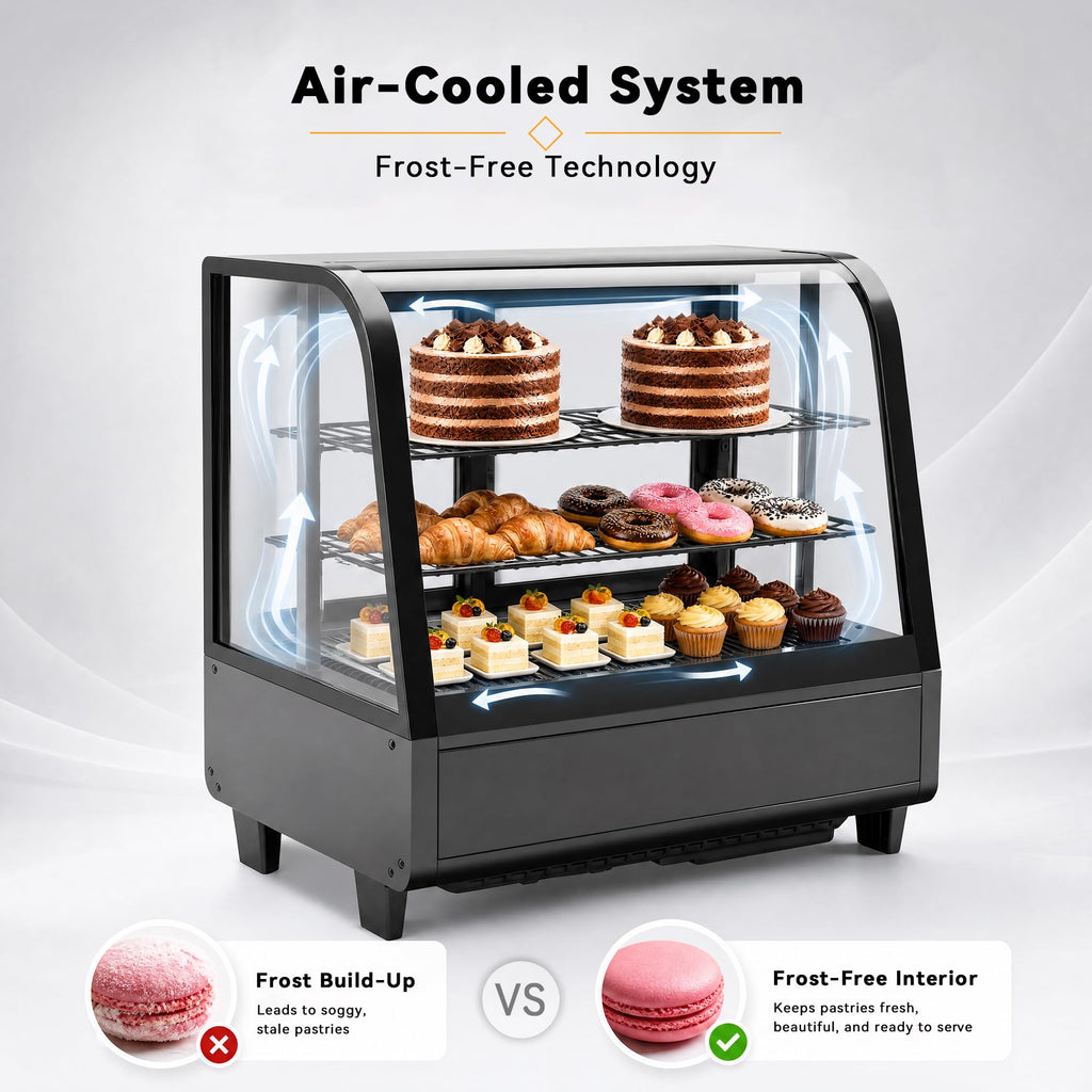 Tylza Commercial Refrigerator Display Case, 3.5 Cu.Ft/100L Countertop Refrigerated Showcase, White LED Lighting, Double Glass Door, 36-54°F, Auto Defrost for Bakery, Cafe, Store