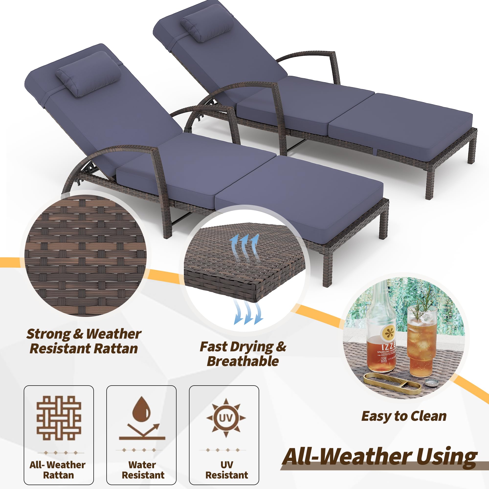 GarveeLife 2-Piece Rattan Patio Folding Chaise Lounge, 5-Position Adjustable Backrest Outdoor Lounge Chair with Cushion and Pillow for Poolside, Backyard, Deck, Porch, Blue