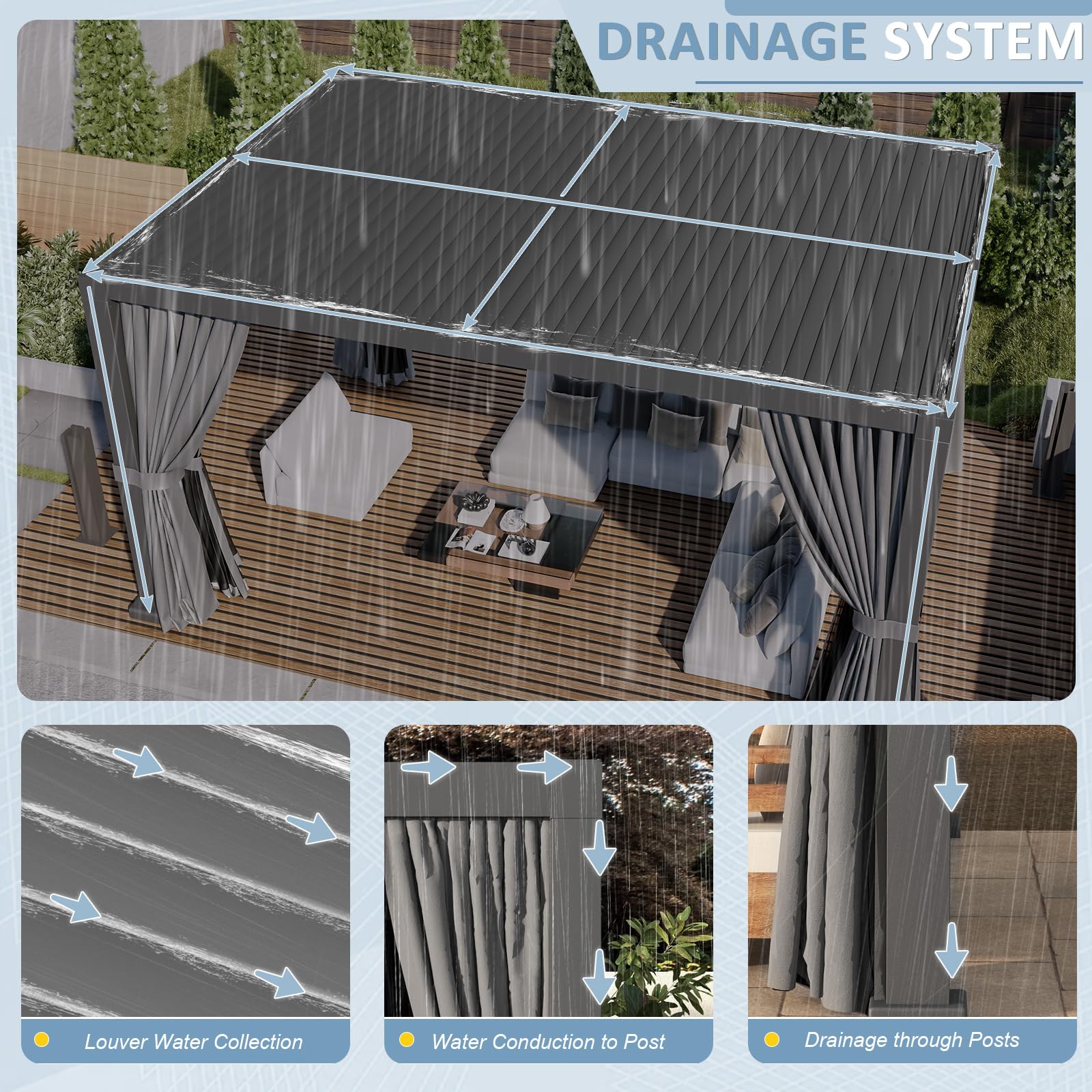 Aoxun Louvered Pergola 12' x 16' Aluminum Outdoor Pergola with Independent Adjustable Roofs, Curtains and Netting, Built-in Drainage System for Patios & Backyards, Rust Resistant Frame