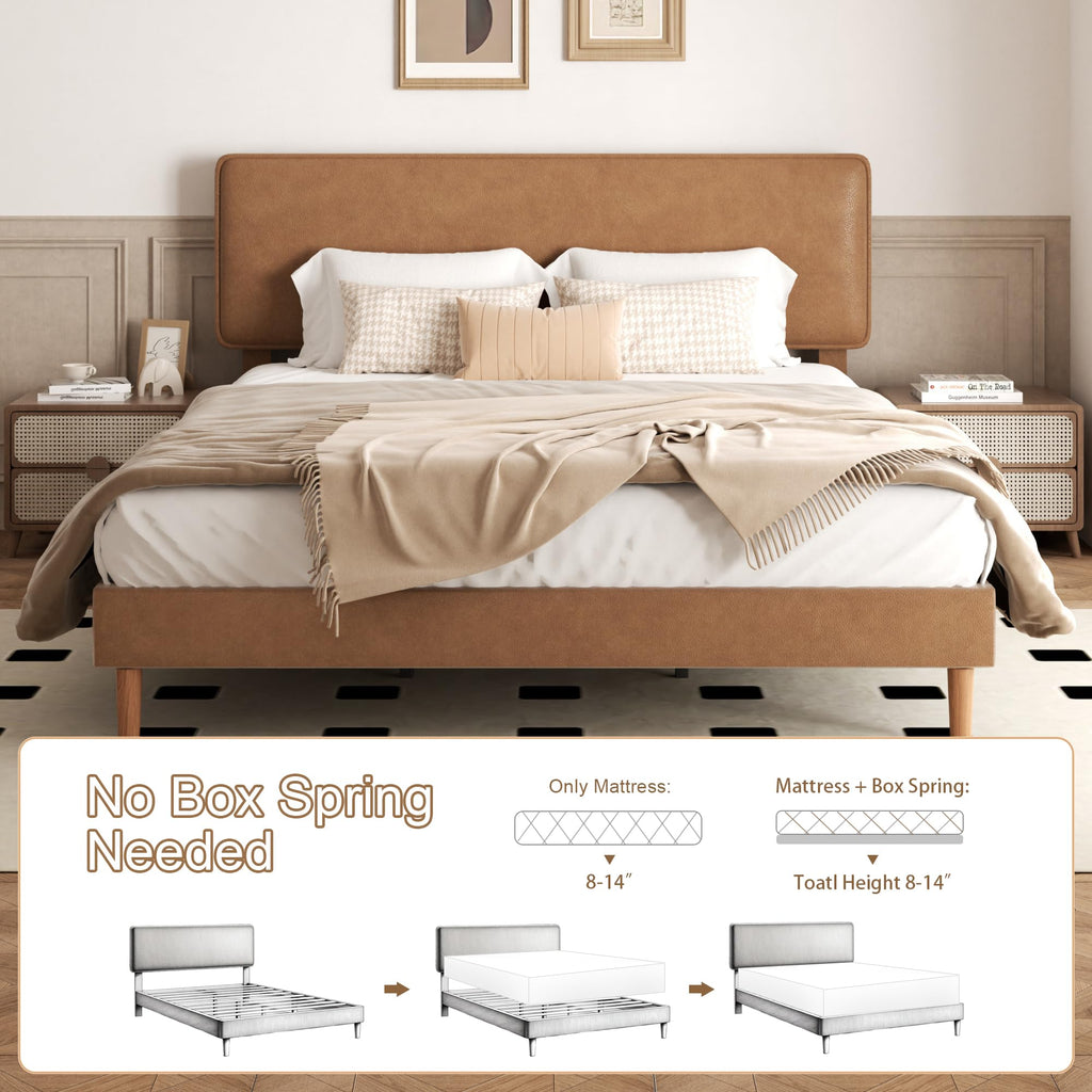 Sismplly King Size Upholstered Bed Frame with Adjustable Headboard, Faux Leather Platform Bed with Wood Slats, Lychee Grain Leather, No Box Spring Needed, Easy Assembly, Noise Free, Brown
