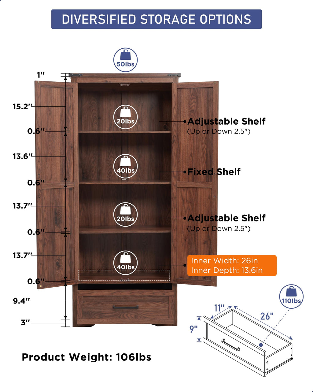 JXQTLINGMU Farmhouse Kitchen Pantry Cabinet - 72" Tall Wood Kitchen Storage Cabinets with Adjustable Shelves & 2 Barn Doors & Drawer, Versatile Storage for Dining Room, Bathroom, Rustic Brown